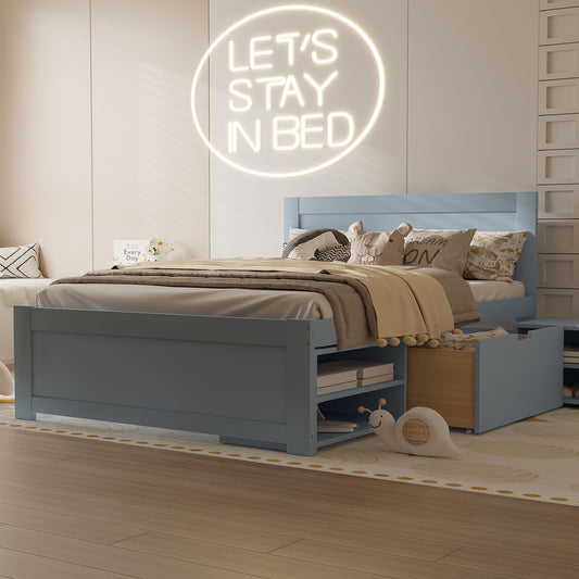 Blue wooden twin bed frame with builtin storage drawers and shelves for kids room