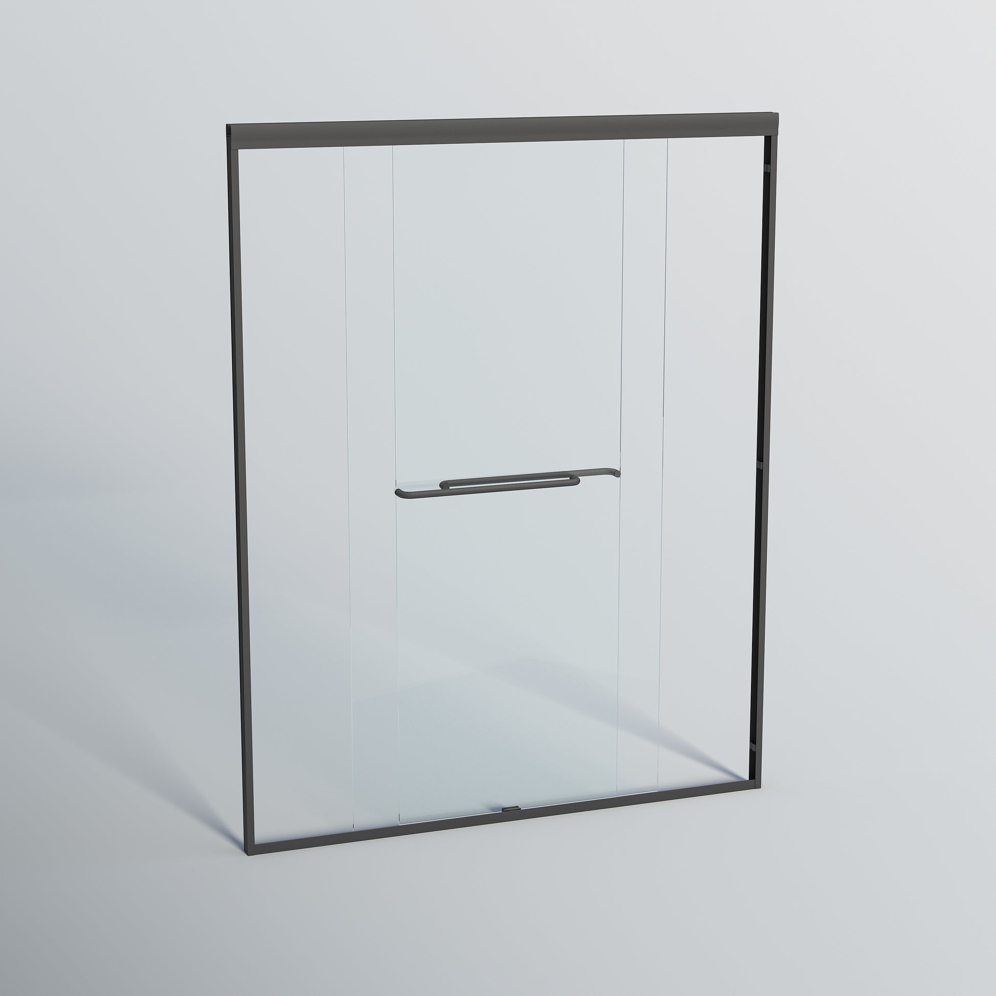 Modern frameless glass shower door with sleek black hardware