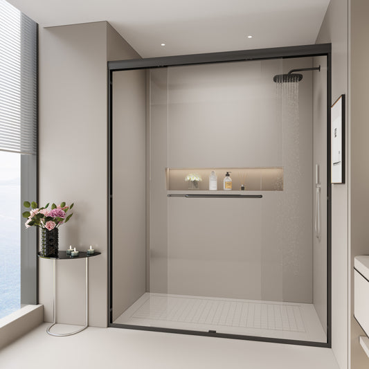 Modern black framed glass shower enclosure with rainfall showerhead
