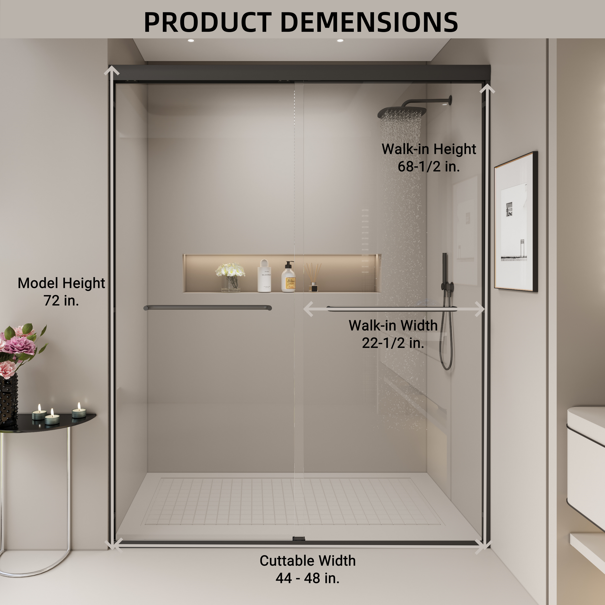 Modern frameless glass shower enclosure with chrome fixtures and a rain showerhead