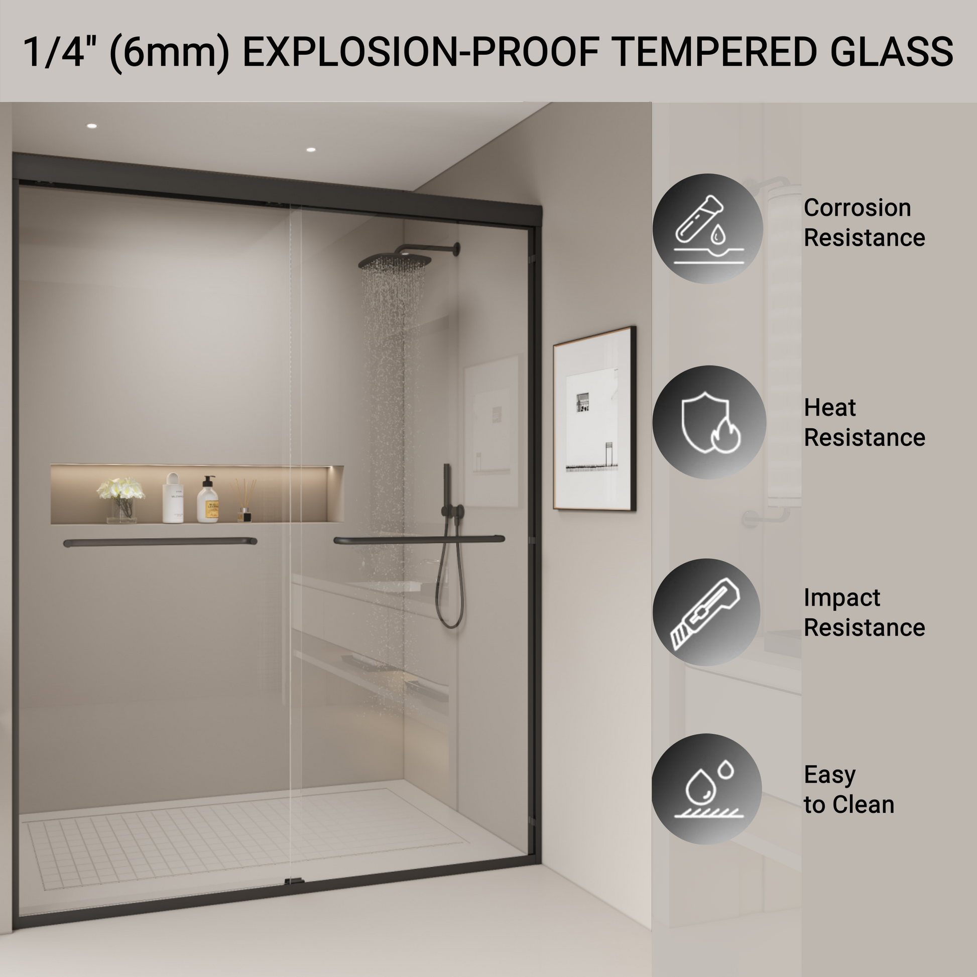 Modern  inch tempered glass shower enclosure with sleek black frame and chrome handle