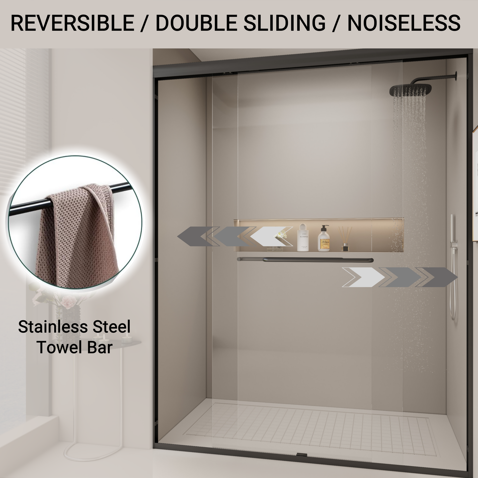 Modern black frameless shower enclosure with a rainfall showerhead and a sleek towel bar