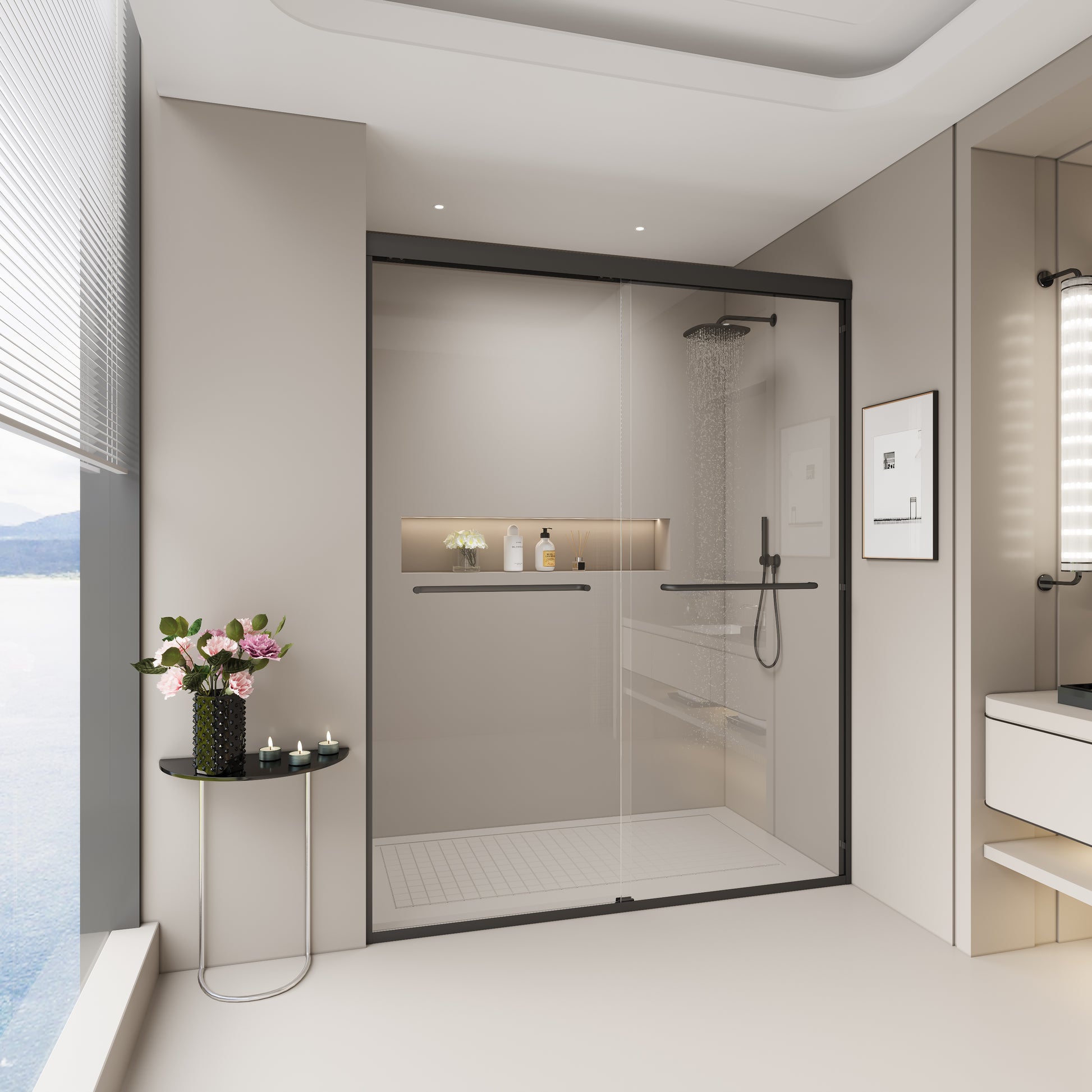 Sleek black framed glass shower enclosure with a rain shower head and builtin shelf