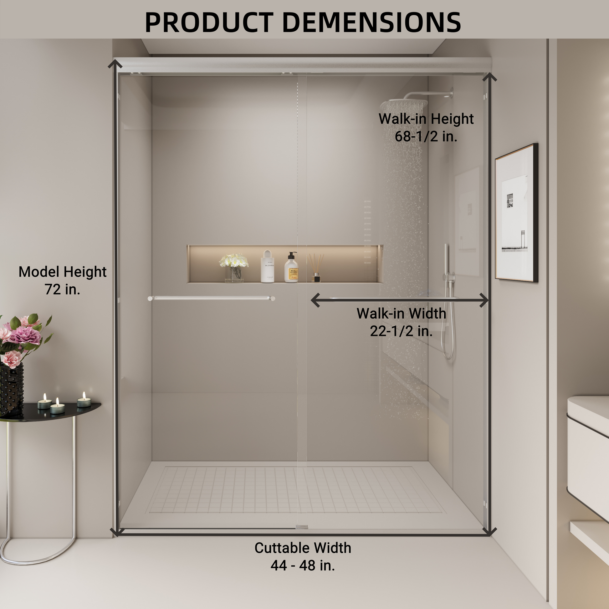 Modern glass shower enclosure with inch model height walkin width  inches