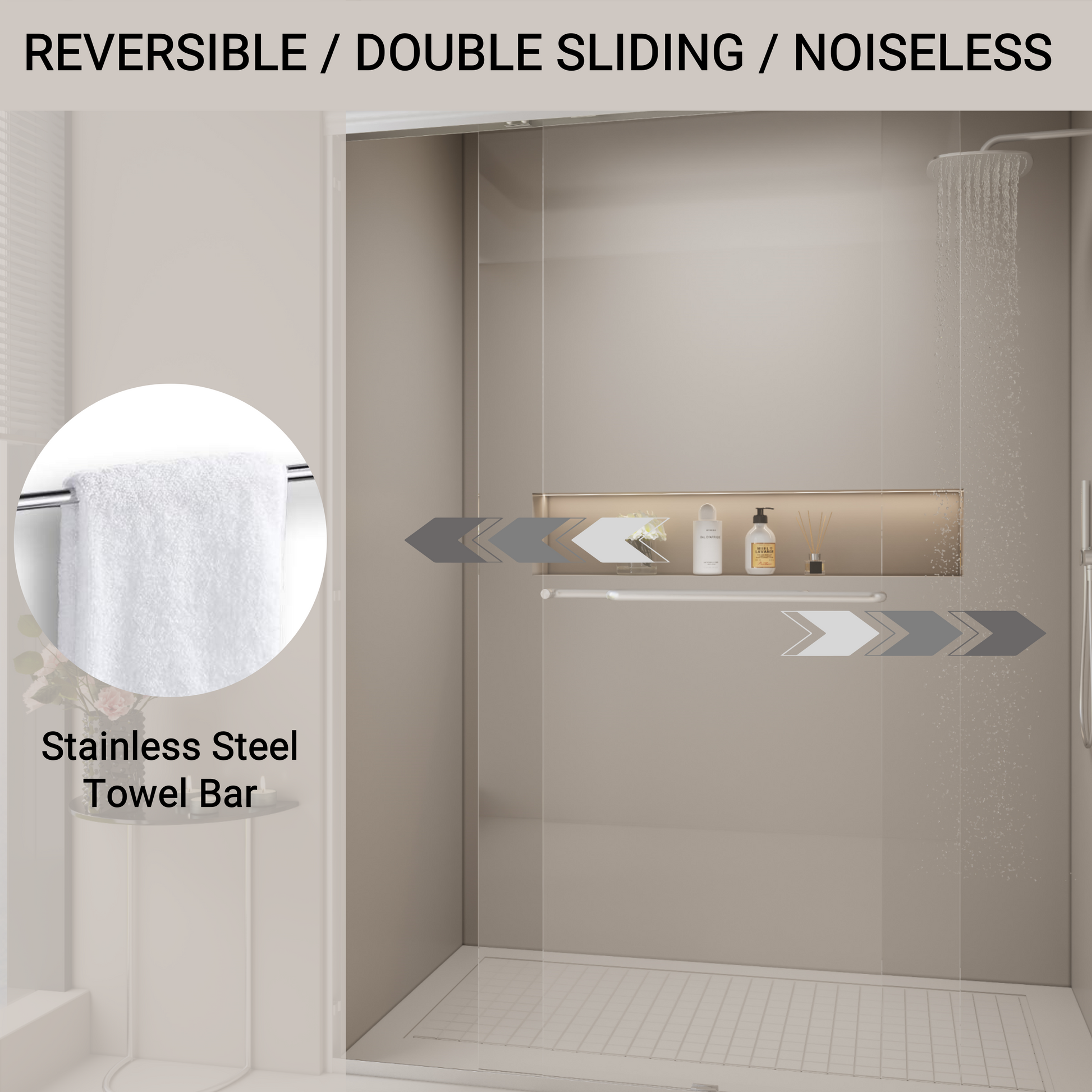Modern shower enclosure with double sliding noiseless glass doors
