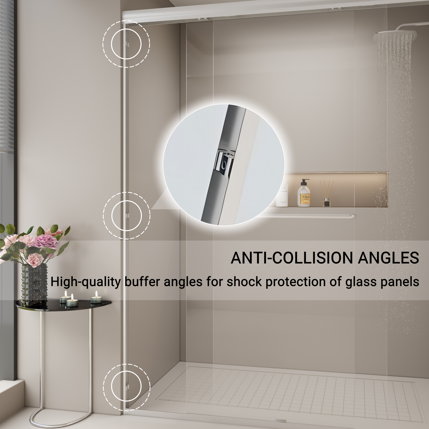 Modern frameless shower door with anticollision angles for shock protection