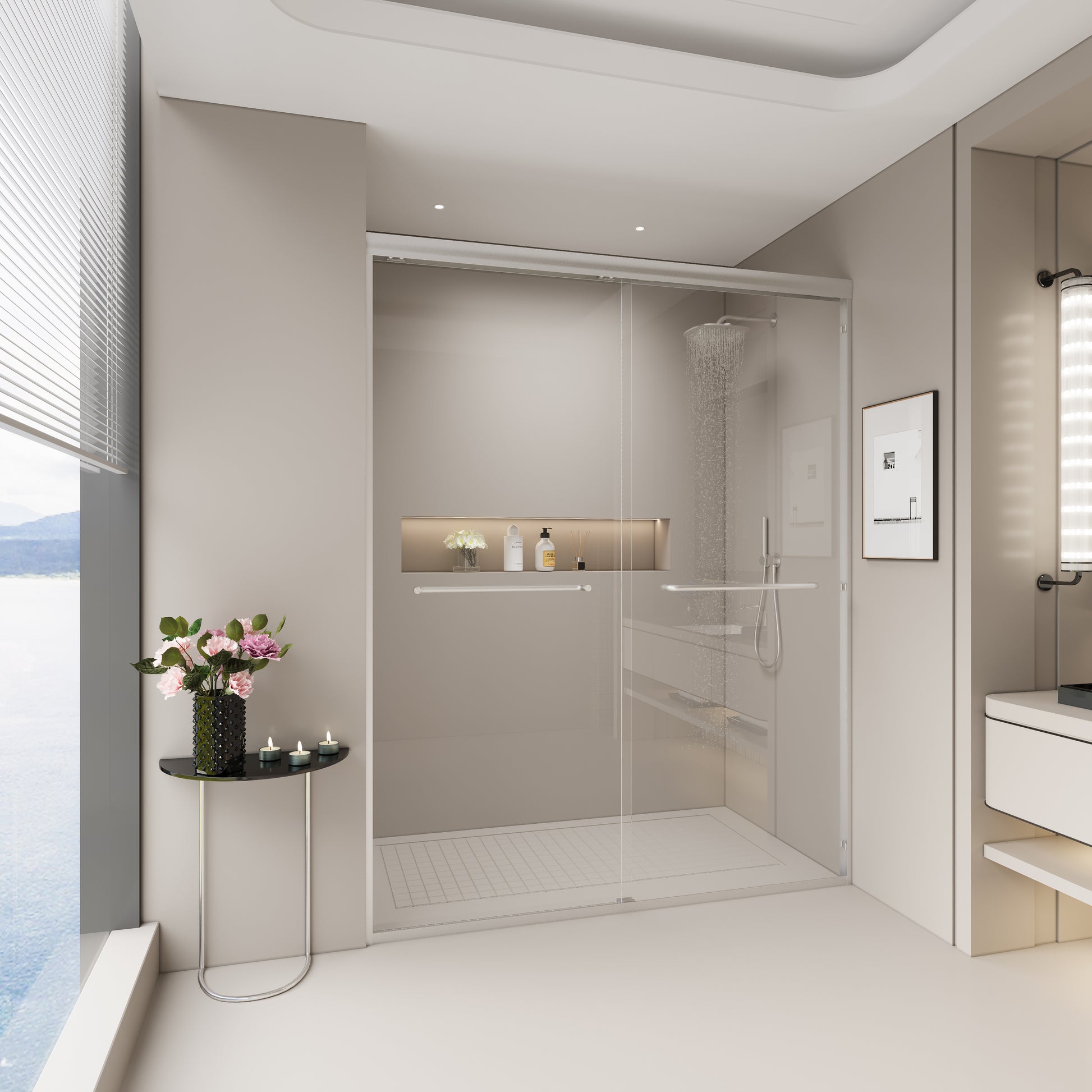 Modern glass shower enclosure with sliding door and chrome hardware