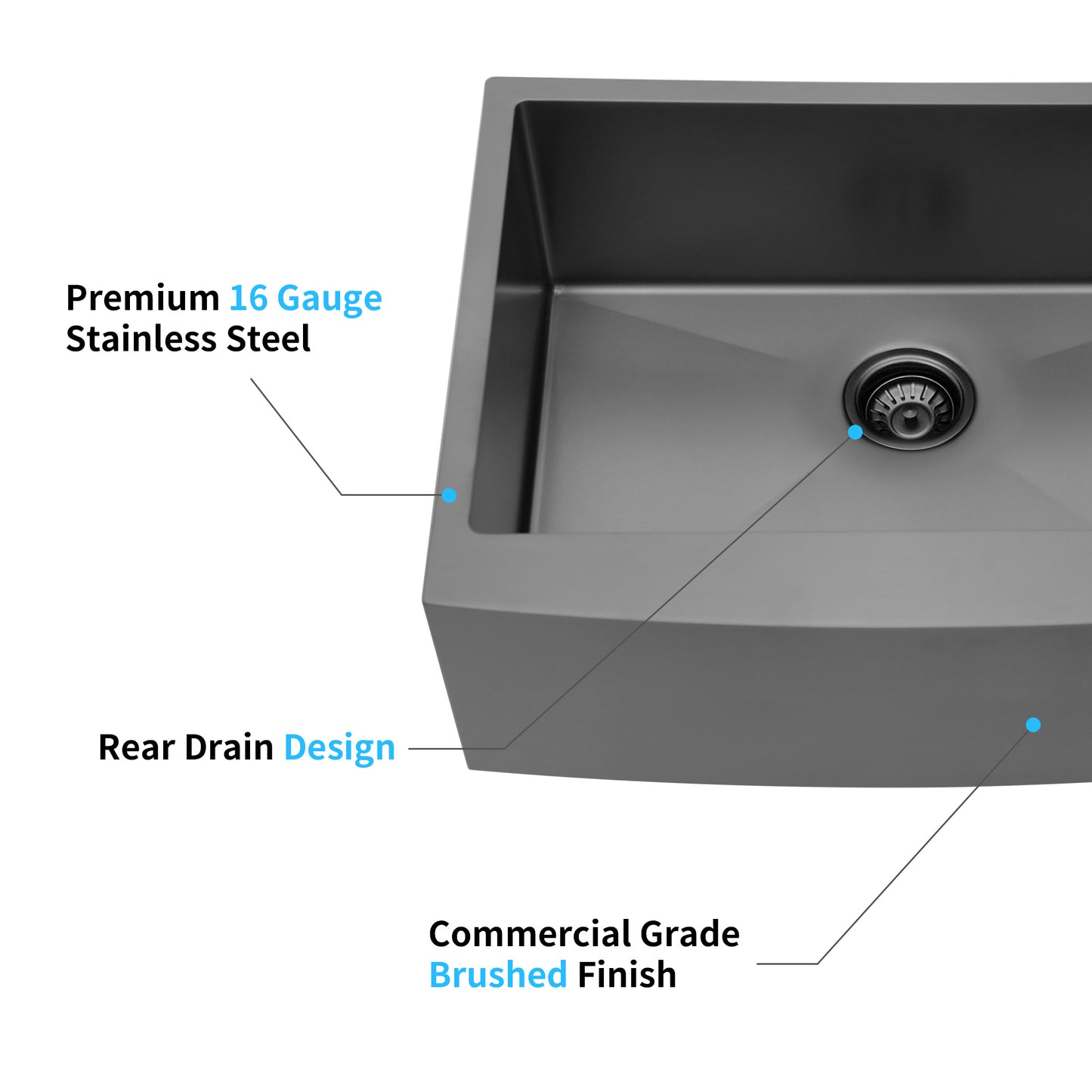 Premium  gauge stainless steel farmhouse sink with rear drain design