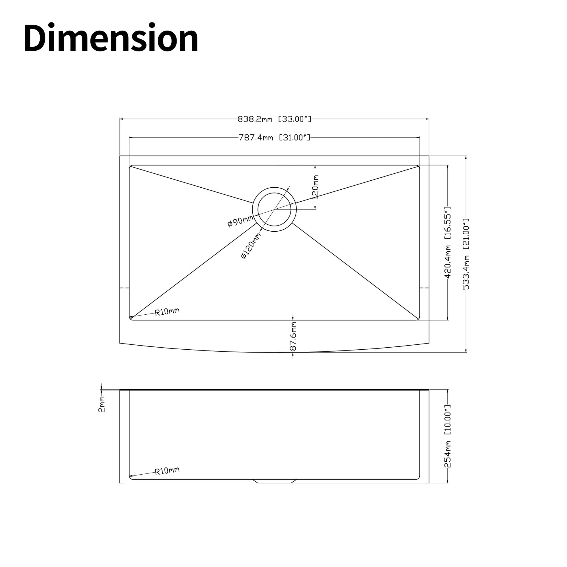 Technical drawing of a rectangular kitchen sink  inches wide with precise dimensions labeled