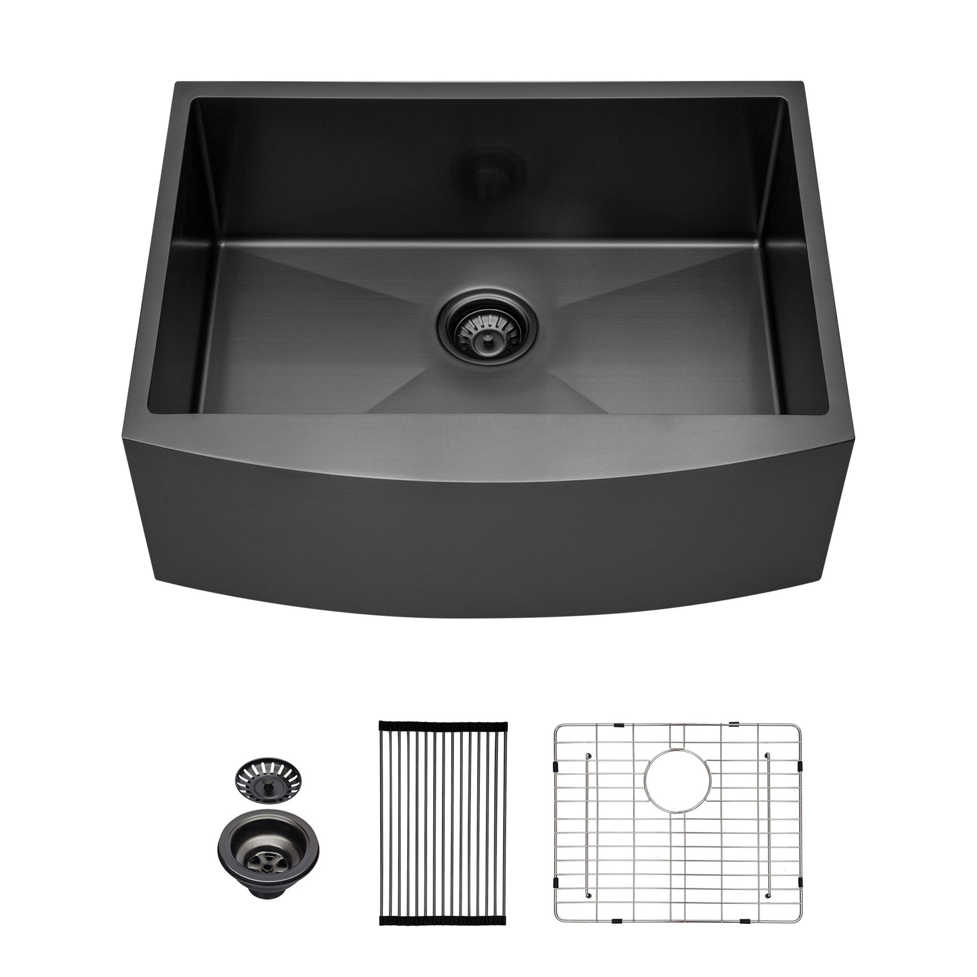 Matte black stainless steel farmhouse sink with curved apron front and drain accessories