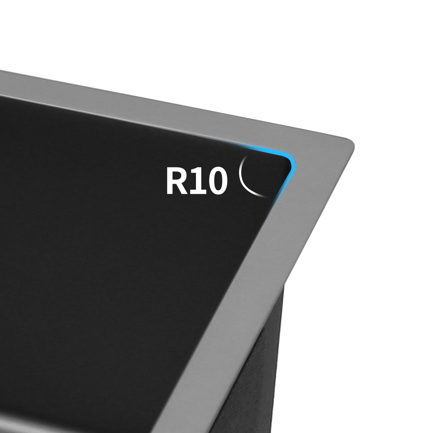 Closeup of brushed stainless steel sink corner with R radius detail