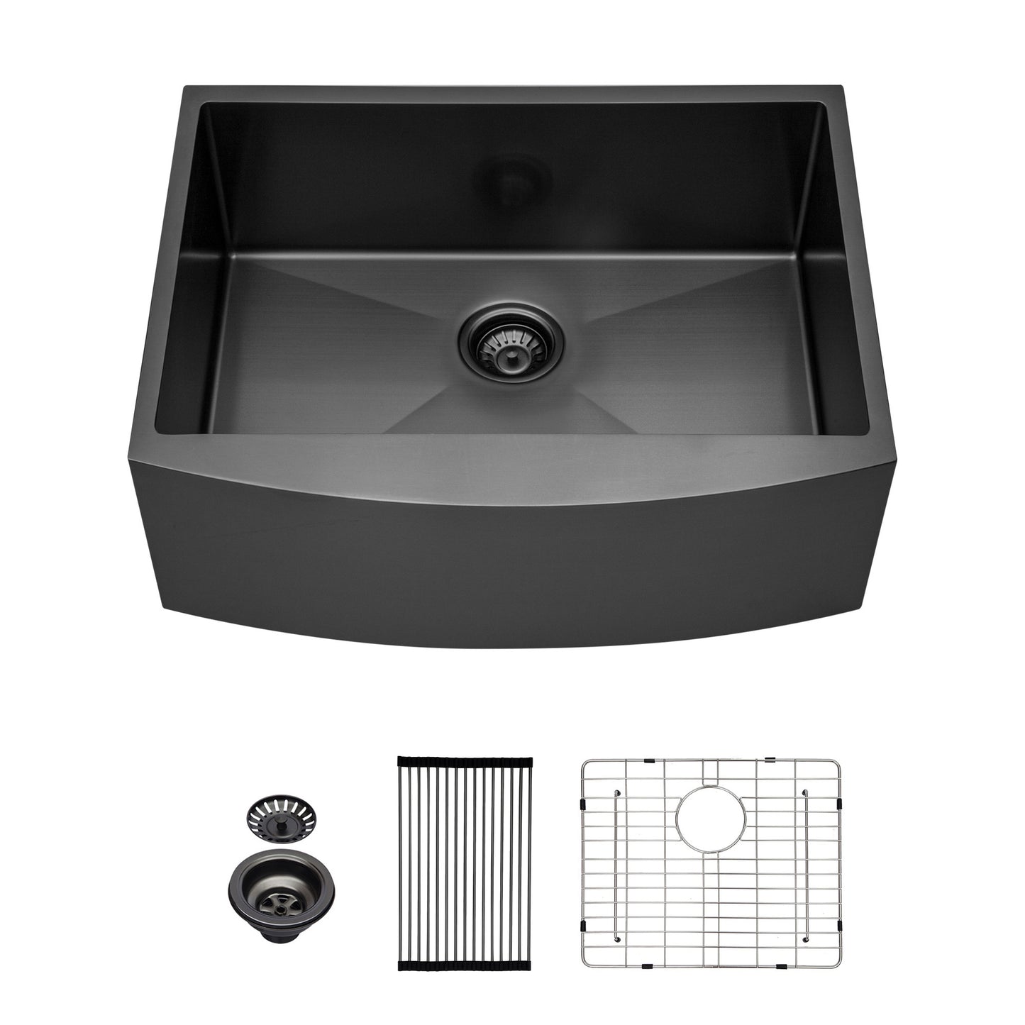 Matte black farmhouse kitchen sink with curved apron front and stainless steel accessories