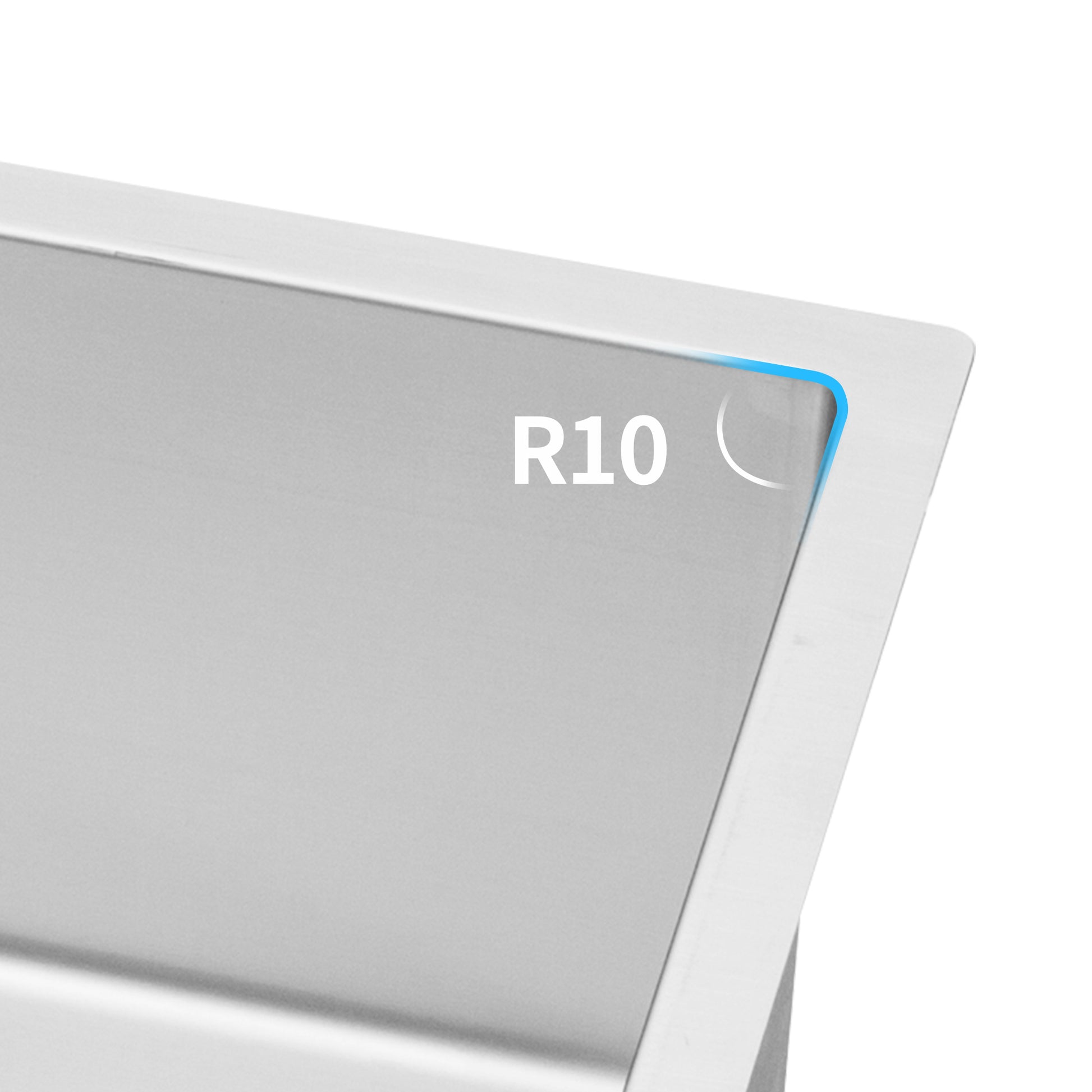 Closeup of brushed stainless steel sink corner with R radius detail