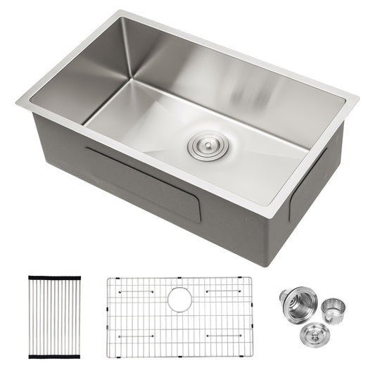 Stainless steel undermount kitchen sink with drain board and accessories