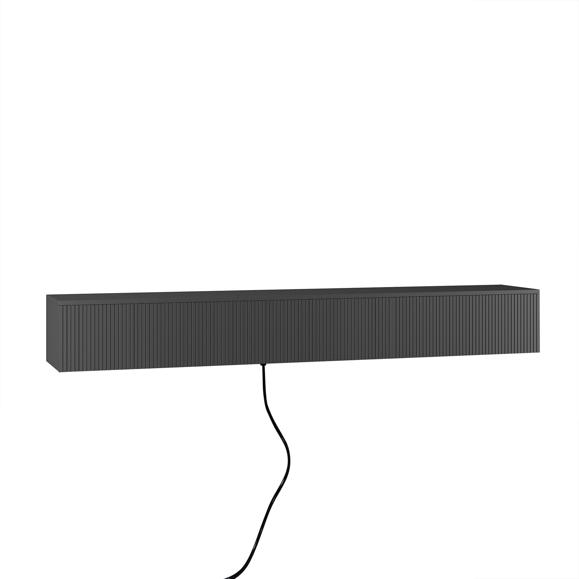 Modern black floating shelf with ribbed texture and integrated power cord