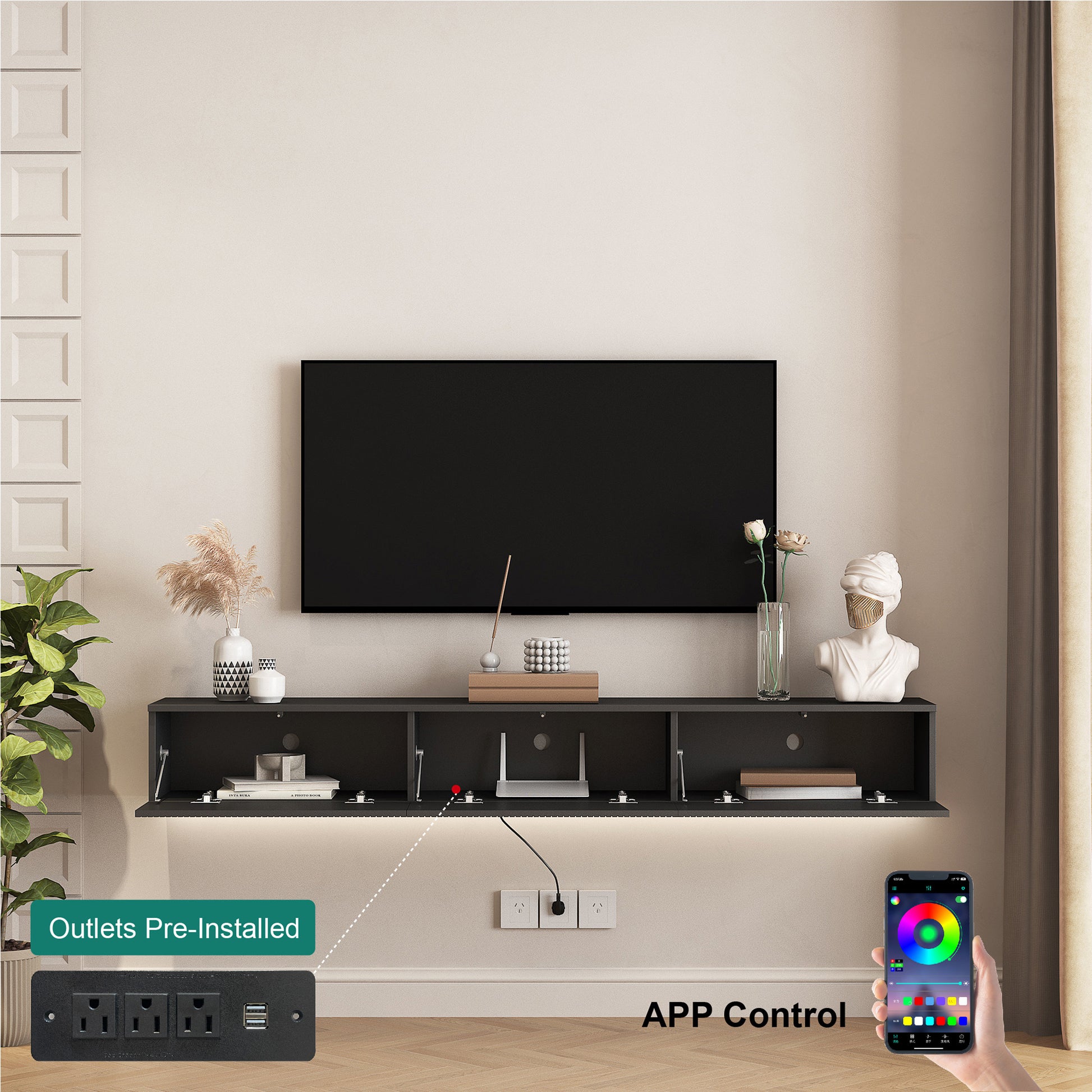 Black wallmounted entertainment center with media console and preinstalled power outlets