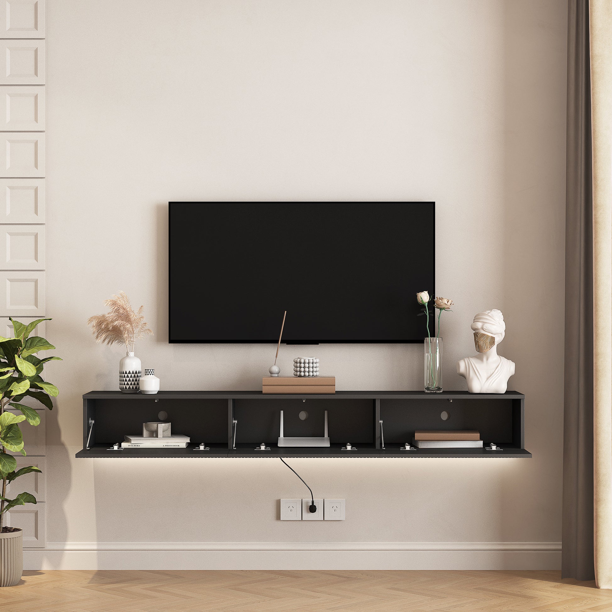 Modern black floating media console with concealed storage and LED lighting