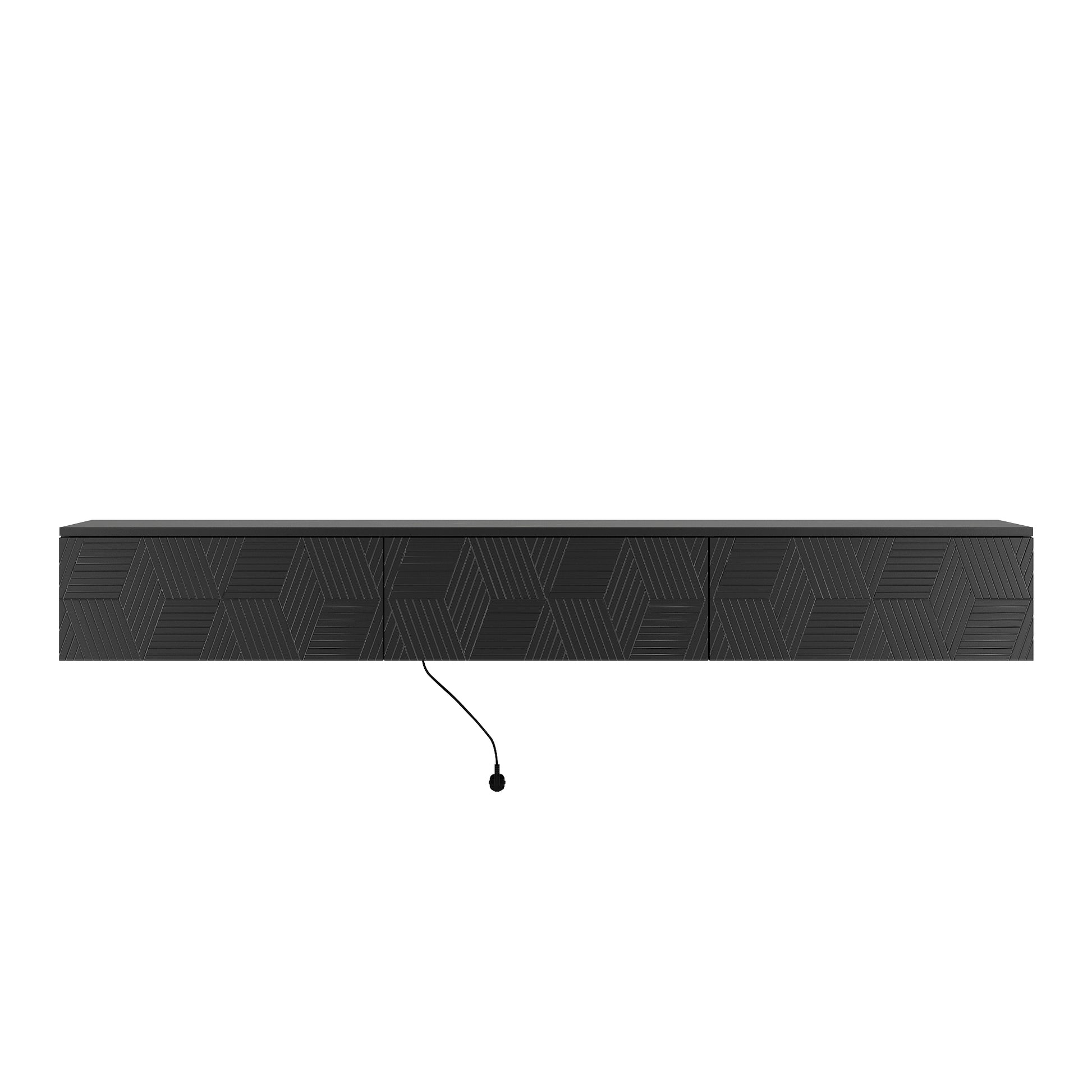 Black wallmounted media console with geometric patterned doors and hidden cable management