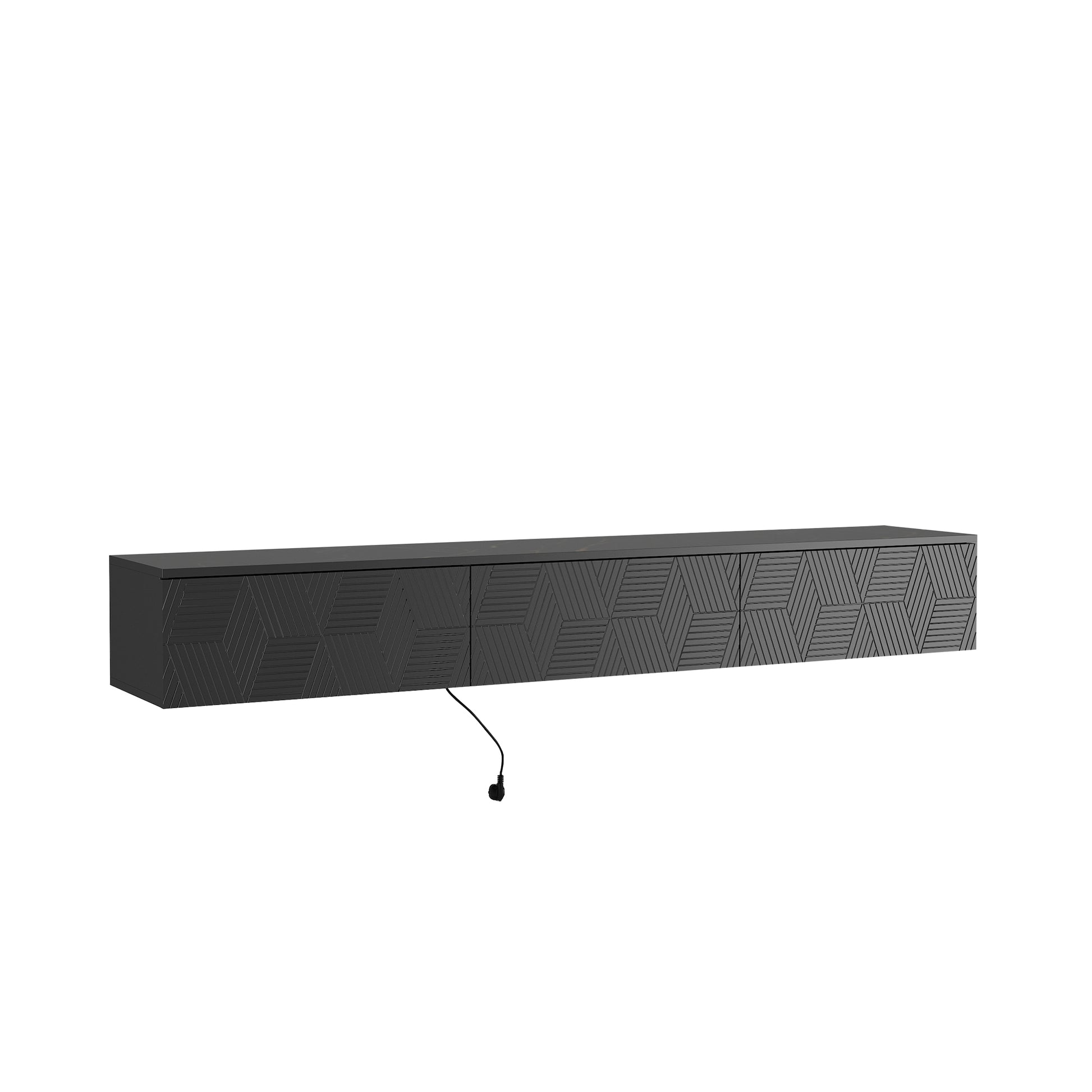 Modern black wallmounted TV stand with geometric patterned doors and integrated cable management