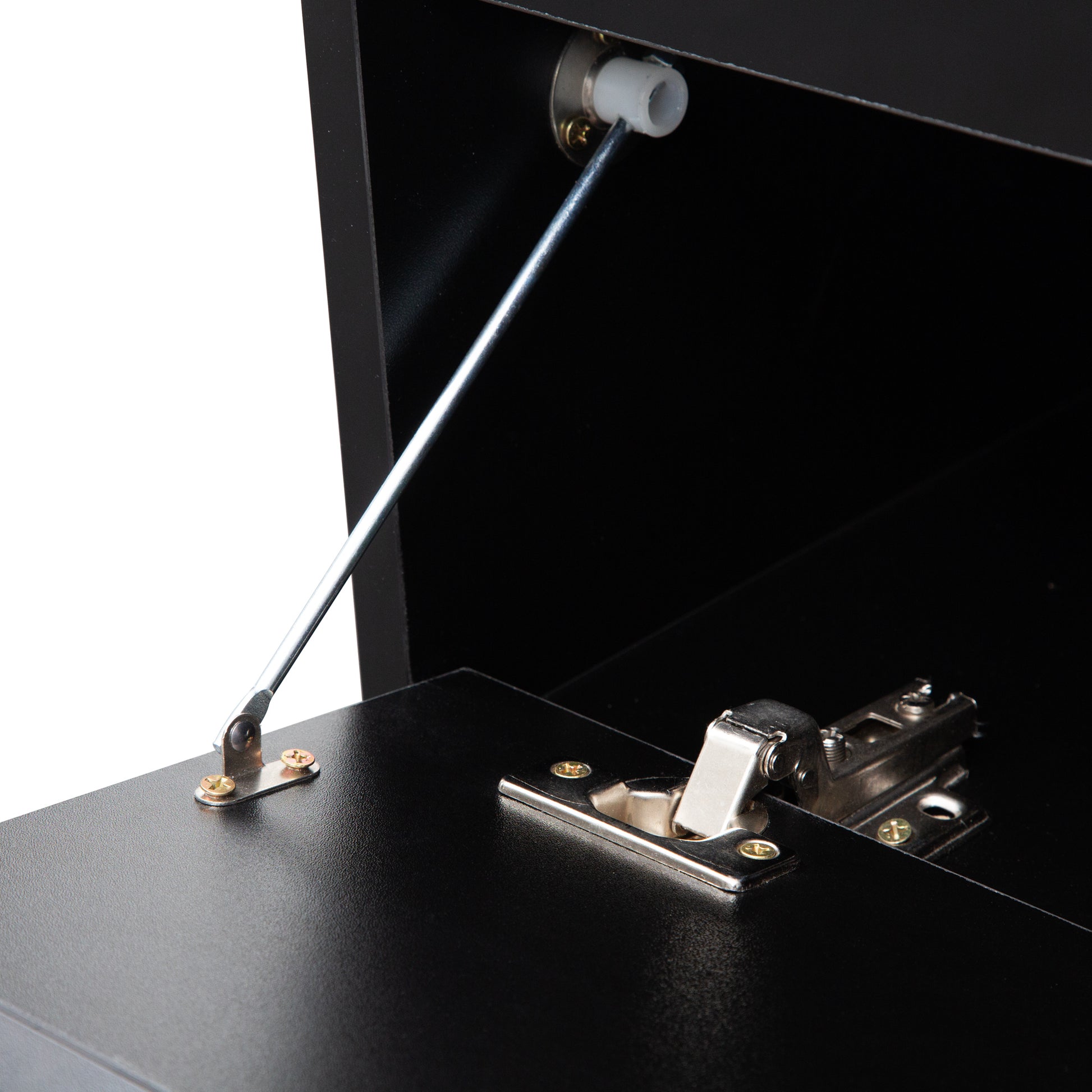 Black cabinet hinge with gas strut mechanism for softclose doors