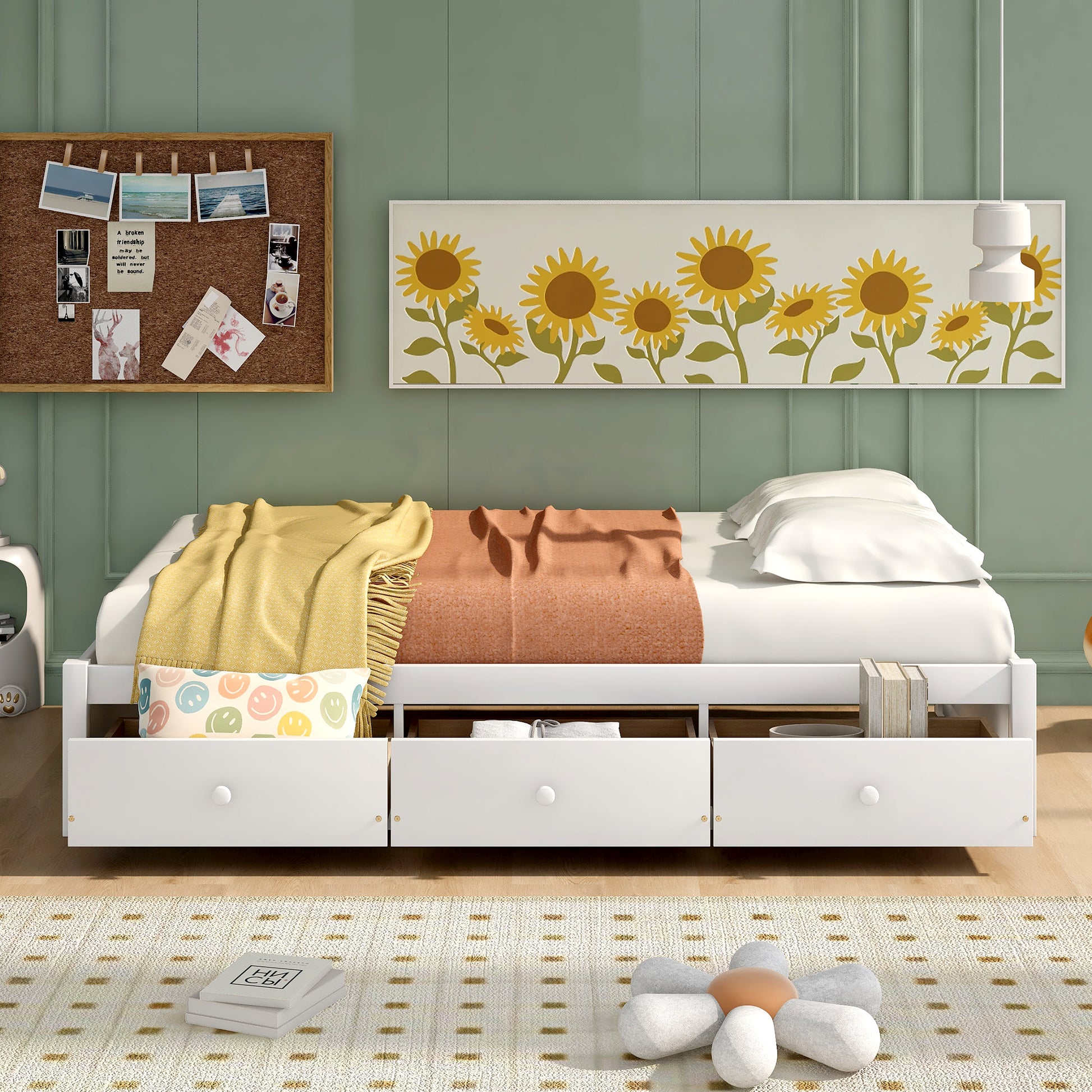 White twin daybed with three storage drawers perfect for a childs bedroom