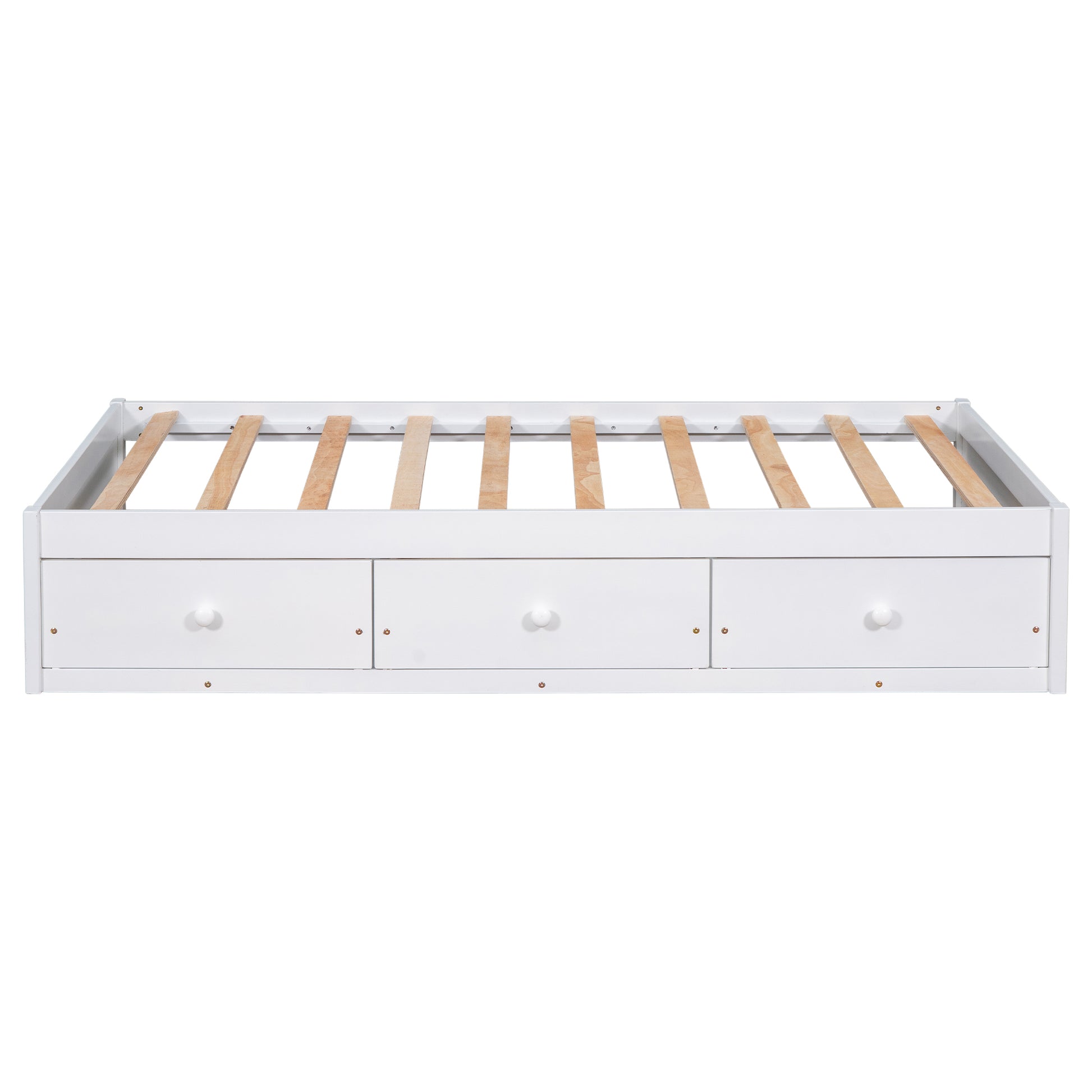 White wooden bed frame with three storage drawers and slatted support for mattress