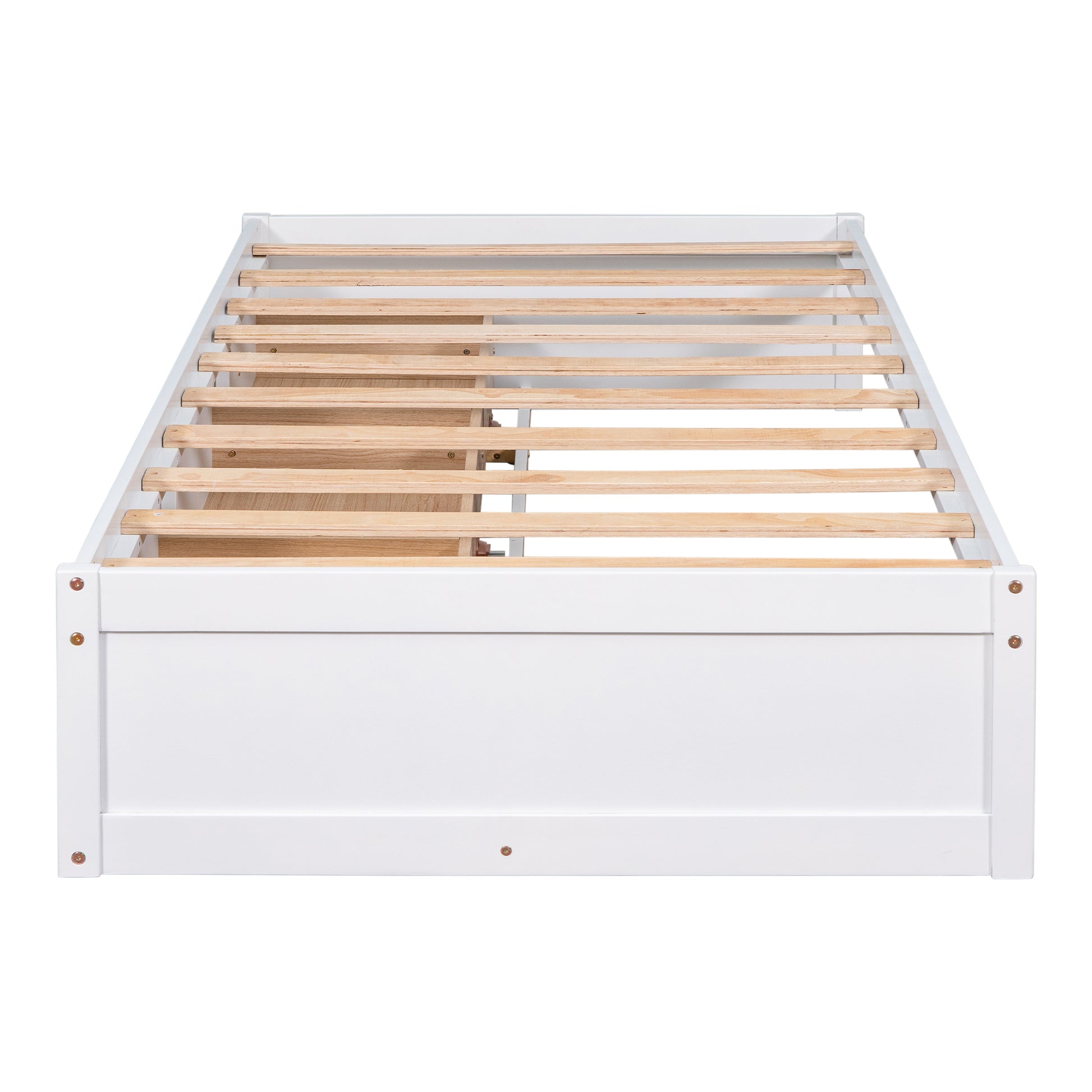 White wooden bed frame with solid slats and drawer ready for mattress assembly