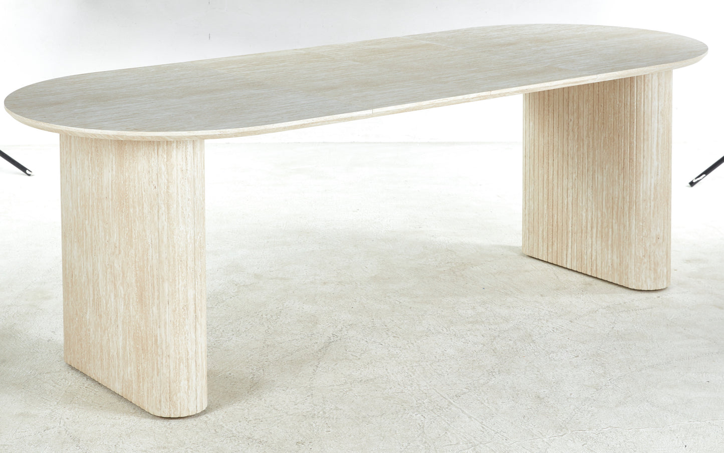 Oval travertine desk with fluted pedestal legs natural stone finish