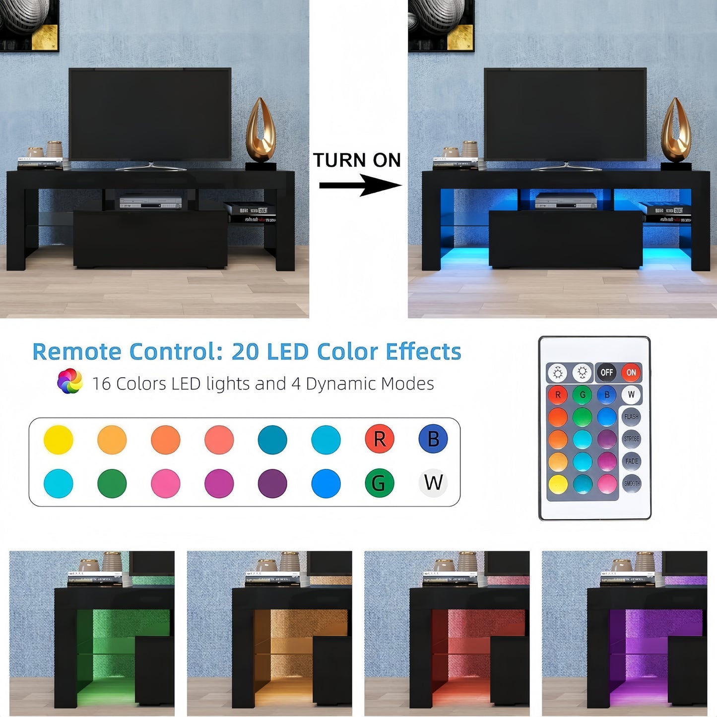 Black LED TV stand with ambient blue lighting for media rooms