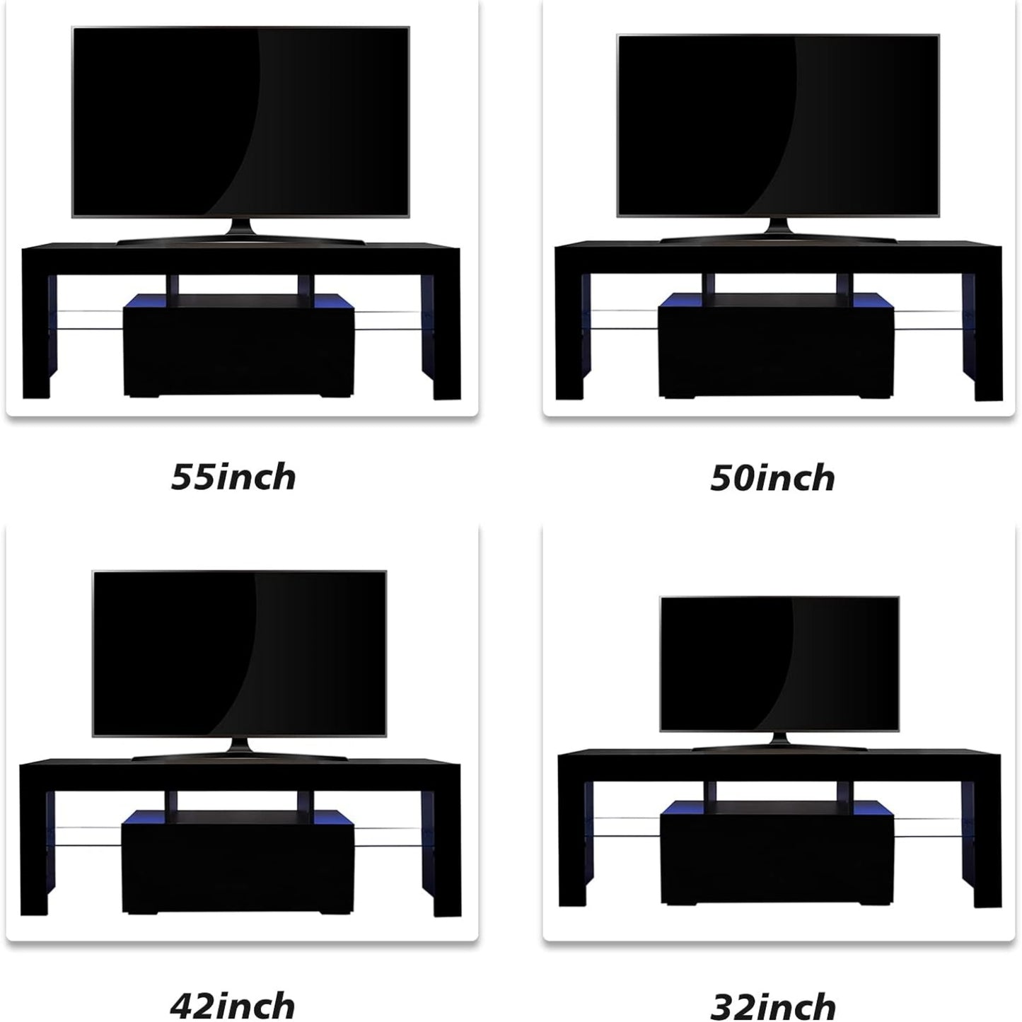 Modern black TV stand with blue LED lights shown with a inch television