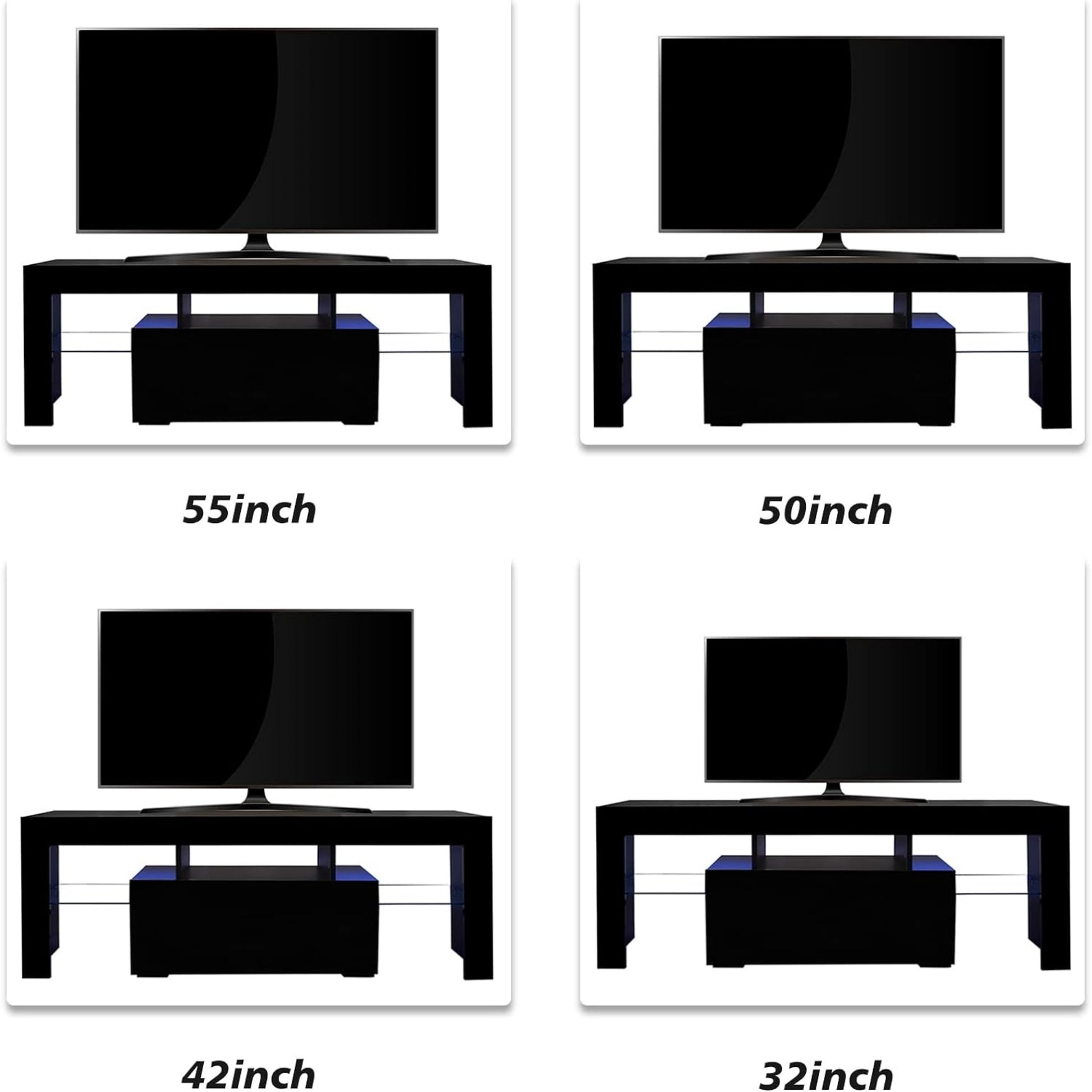 Modern black TV stand with blue LED lights shown with a inch television
