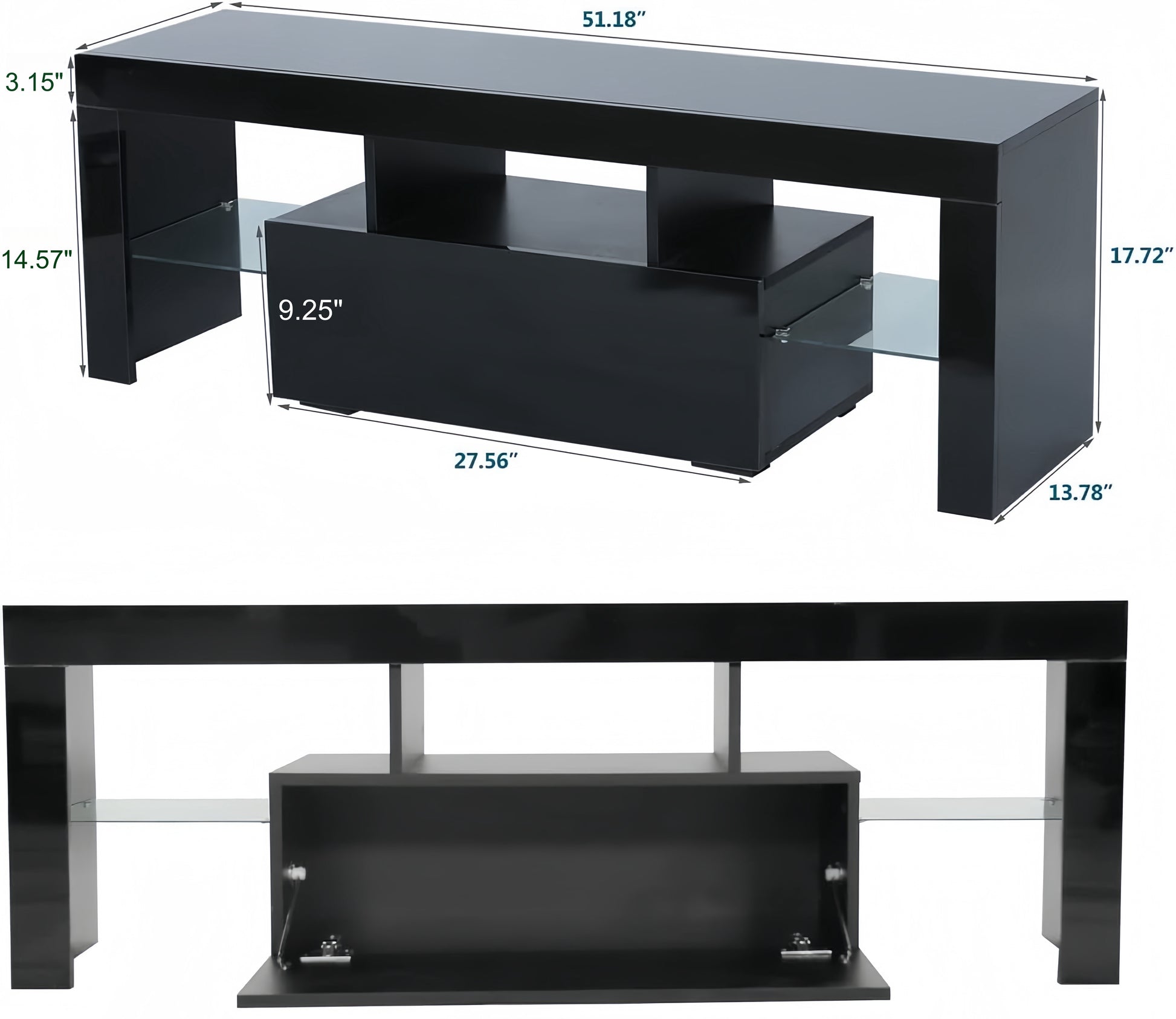 Sleek black modern entertainment center with tempered glass shelves for media storage