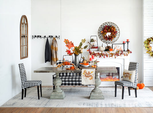 Black and white buffalo check dining chair with wooden legs