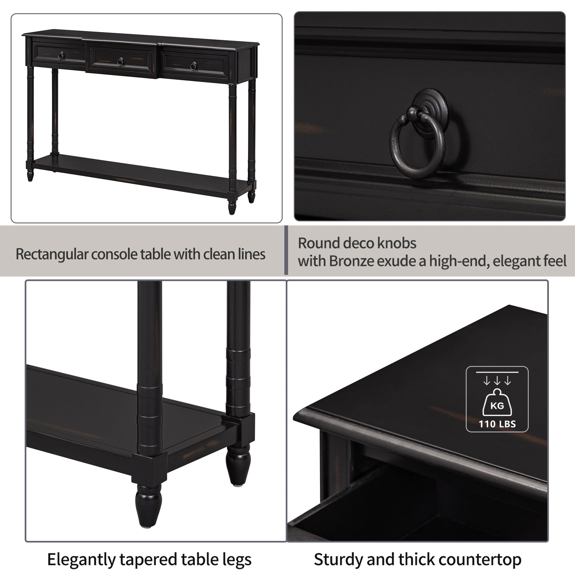 Black console table with two drawers and a lower shelf featuring clean lines and elegant design
