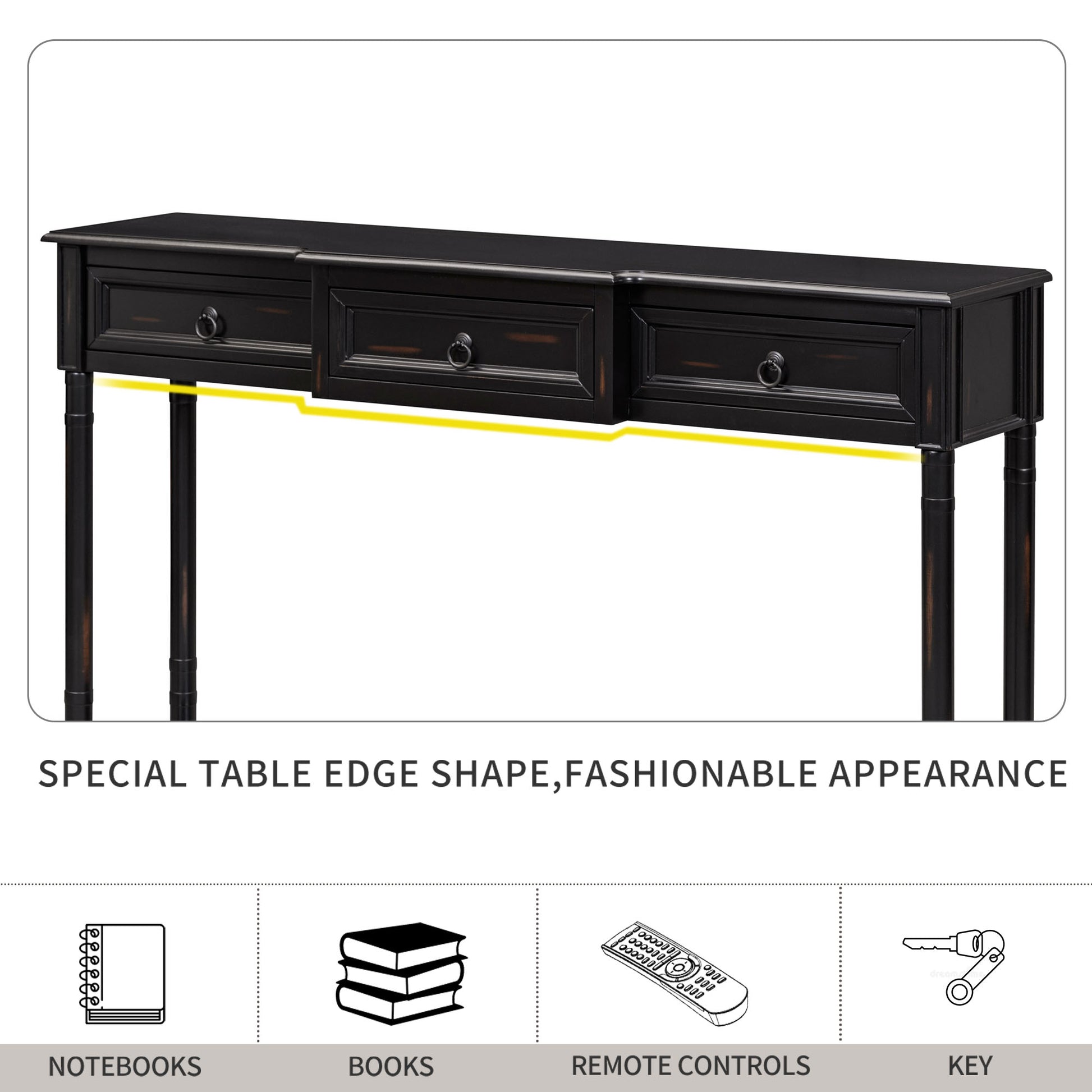 Black console table with three drawers and ring pulls for entryway decor
