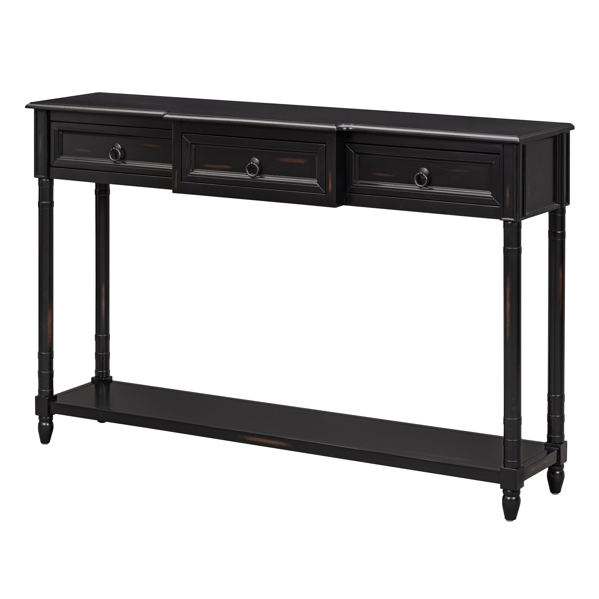 Black console table with three drawers and lower shelf perfect for entryways