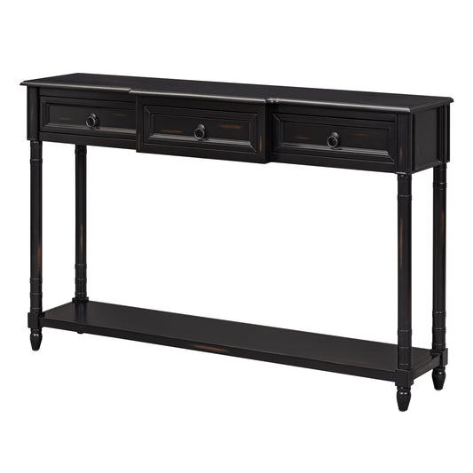 Black console table with three drawers and lower shelf perfect for entryways