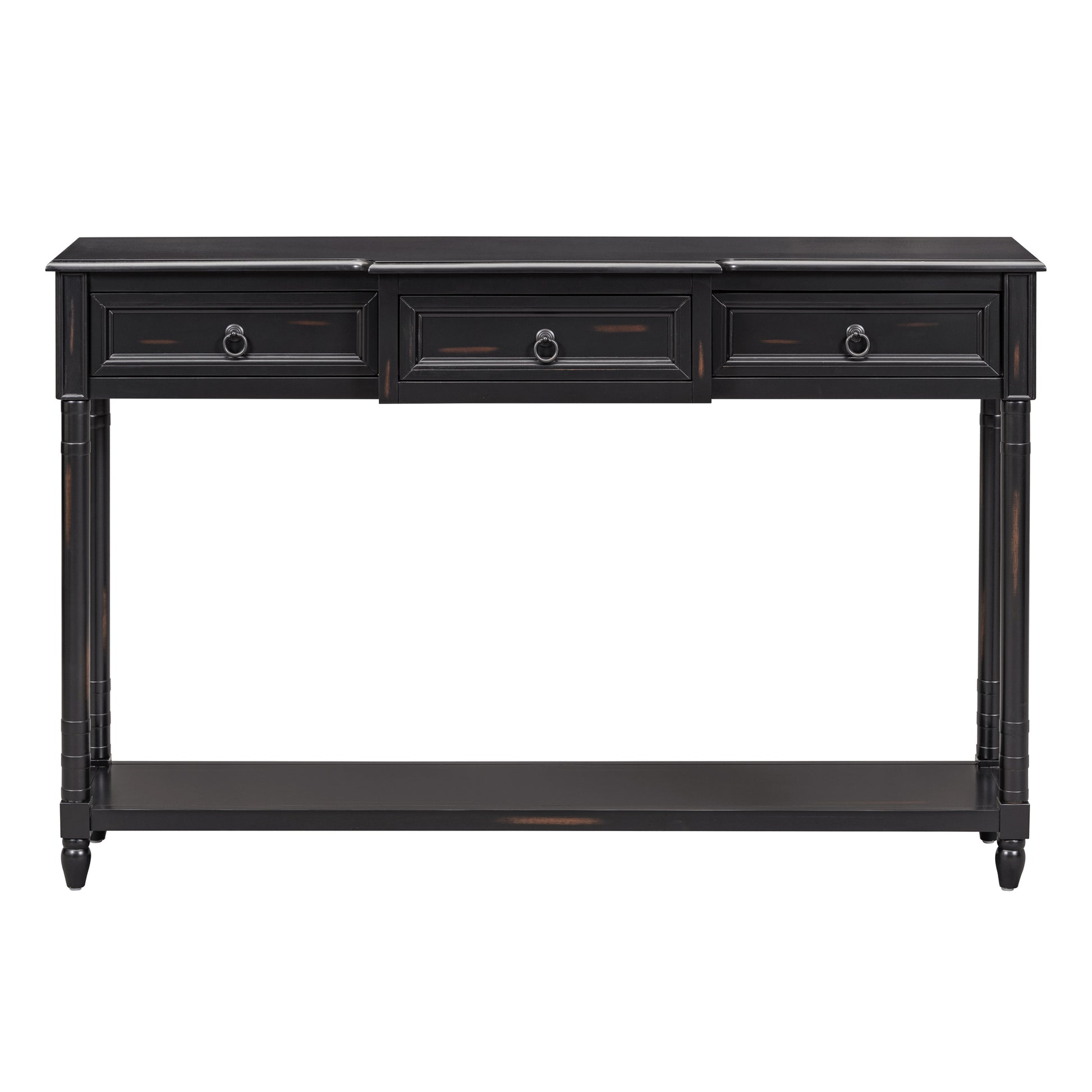 Black distressed wood console table with three drawers and silver pull rings