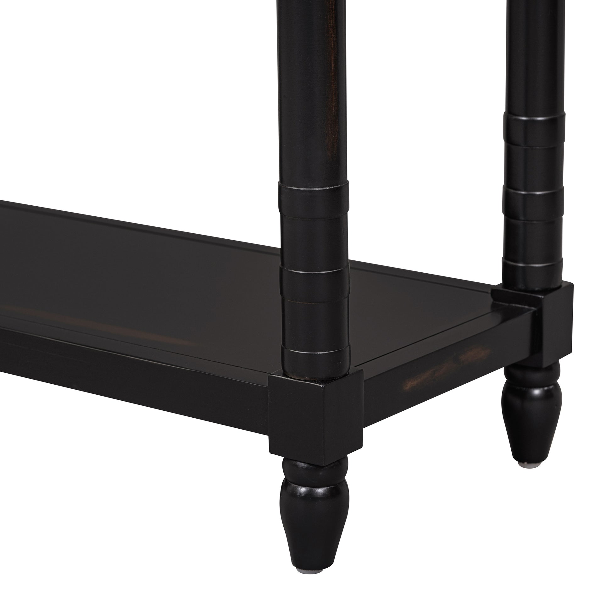Dark brown wooden console table with turned legs and two shelves