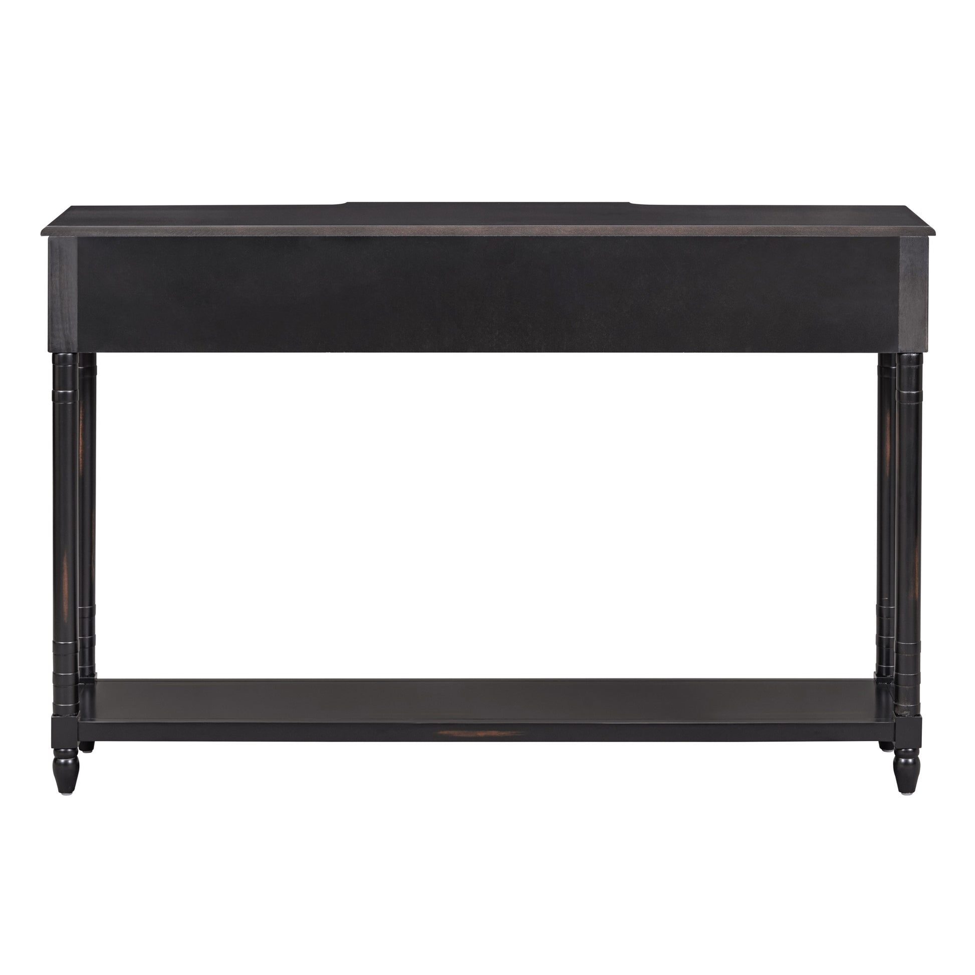 Classic black console table with turned legs and a lower shelf for storage