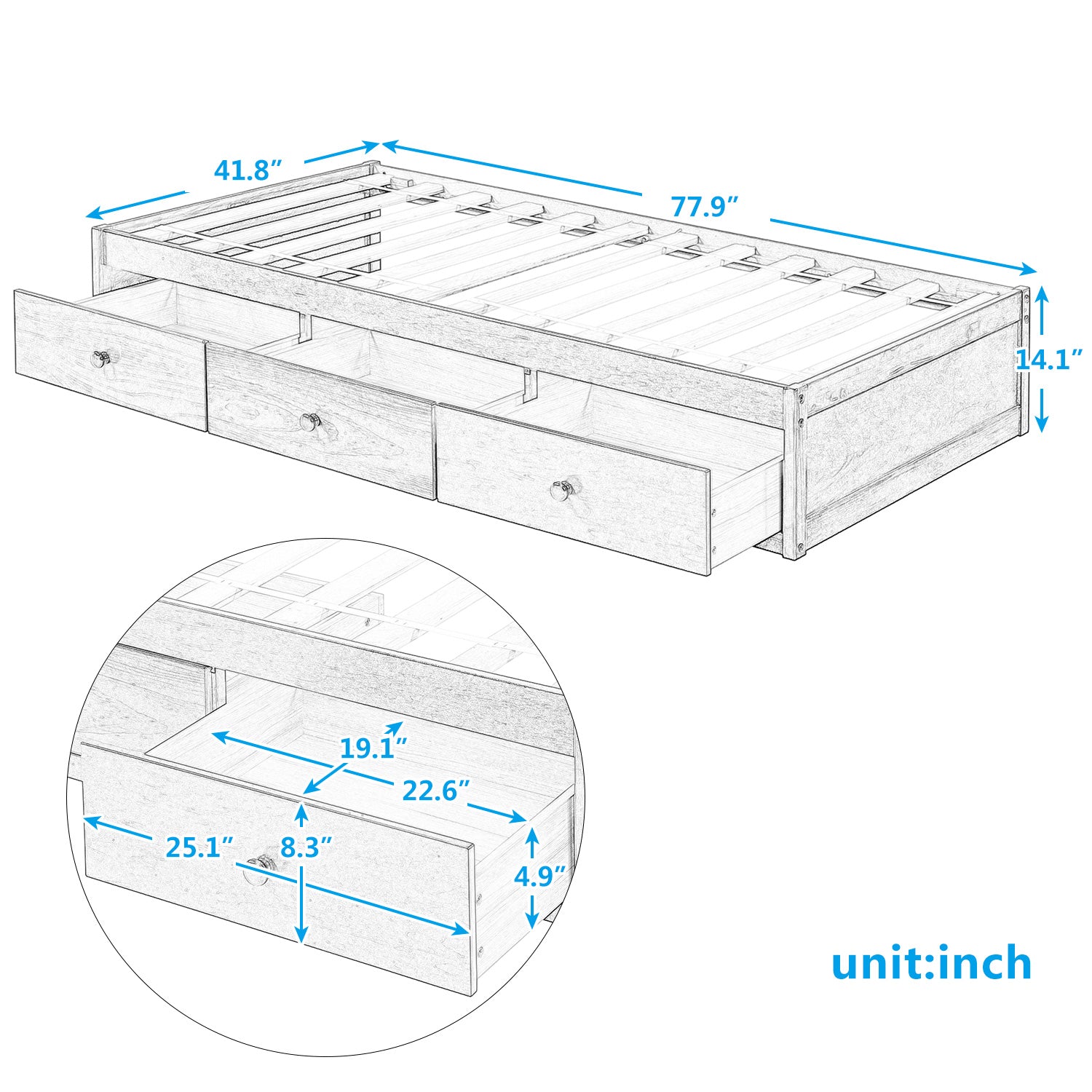 Wooden twin bed frame with three drawers  length