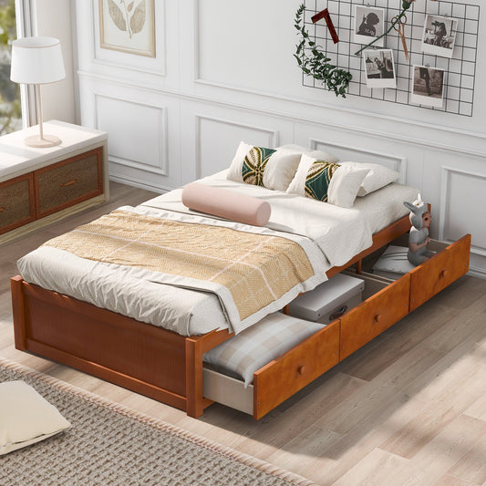 Twin storage bed with three cherry wood drawers and a woven headboard