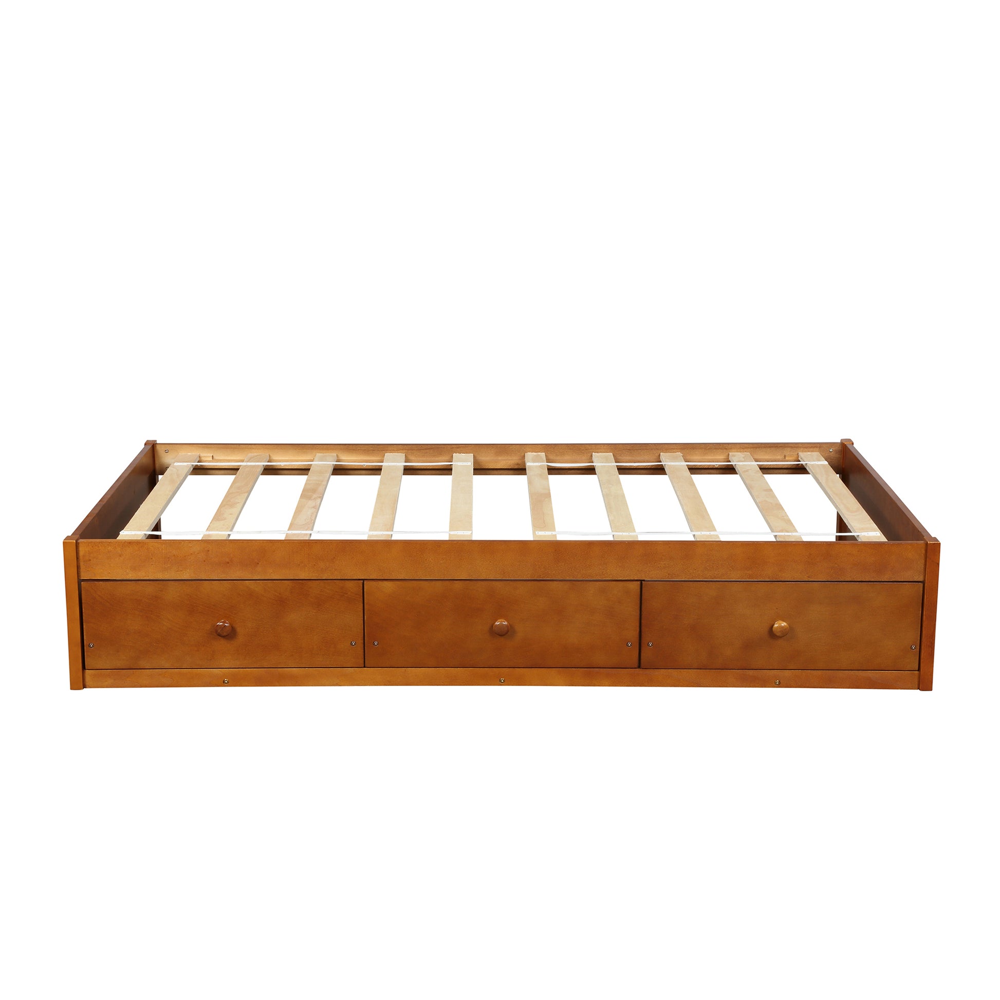 Wooden bed frame with three drawers and slatted support in natural oak finish