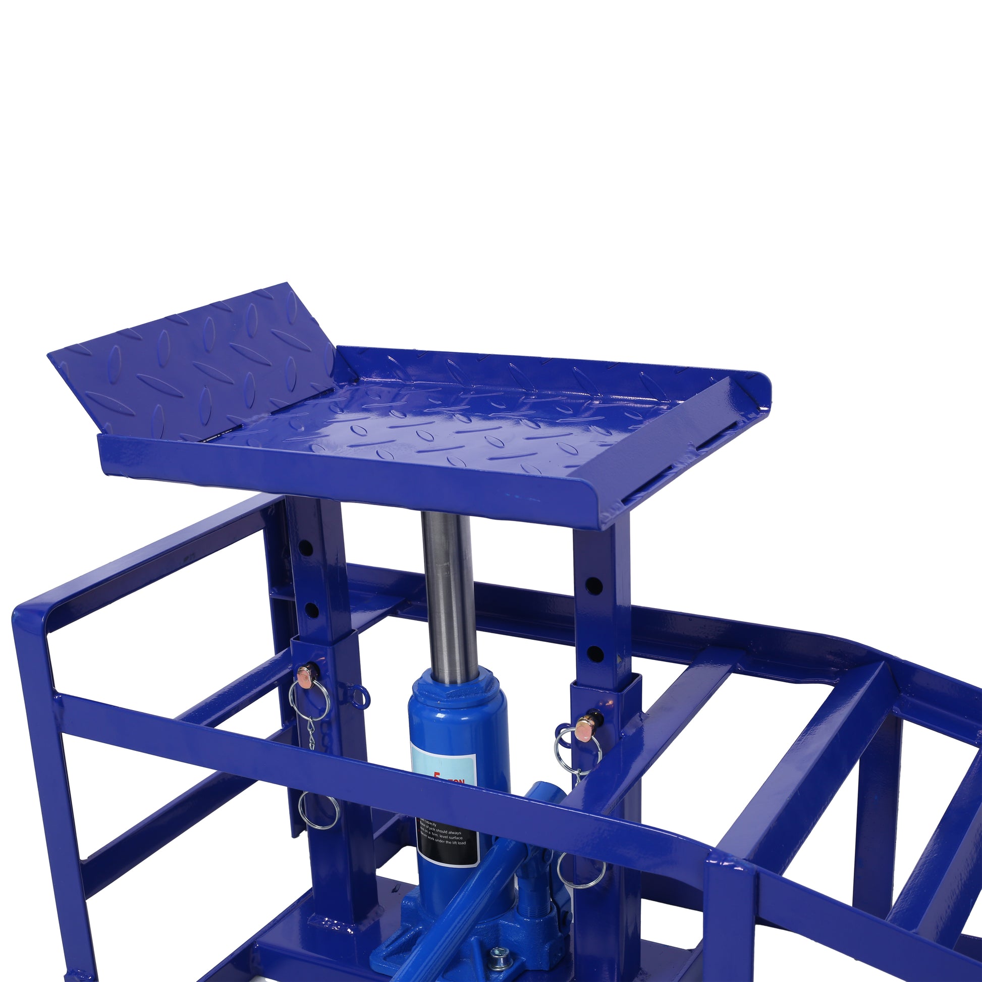 Blue hydraulic motorcycle lift with diamond plate platform and sturdy steel frame