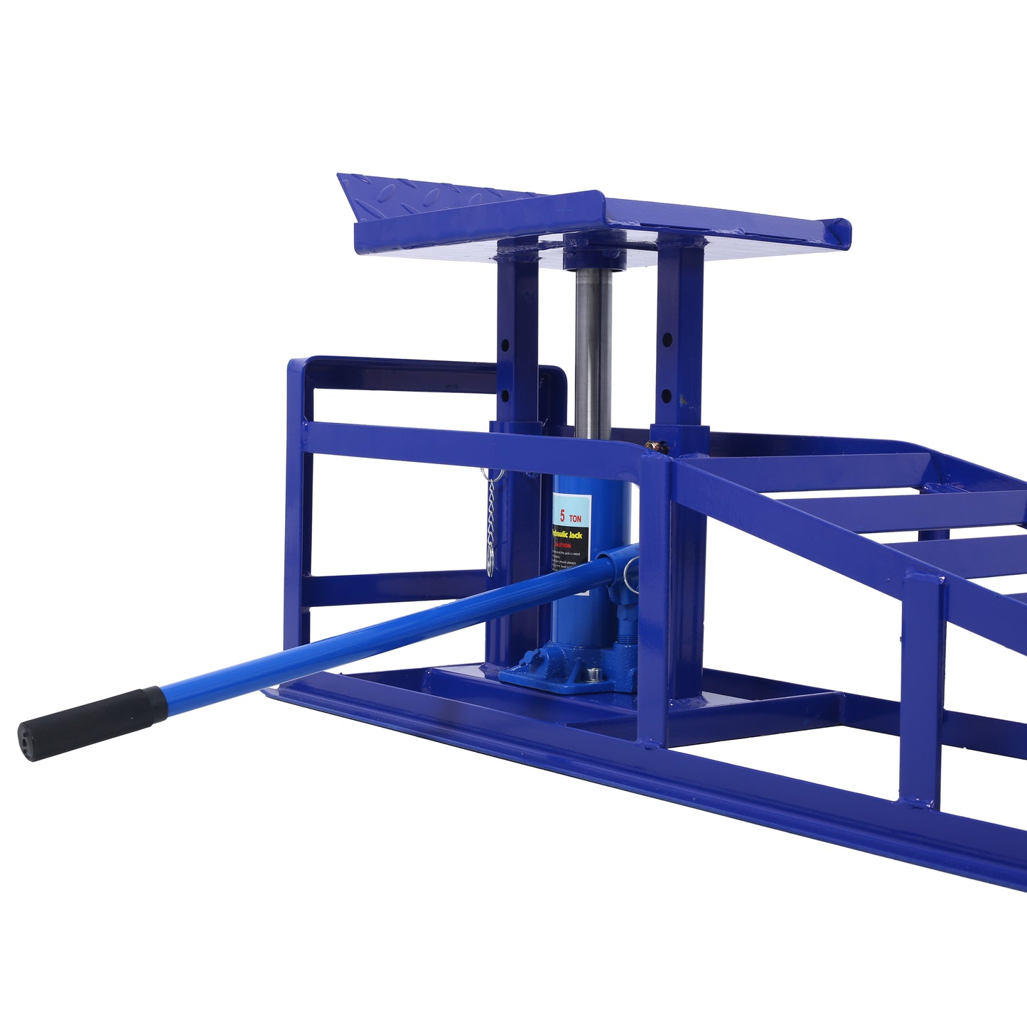 Blue ton hydraulic car jack integrated into a steel ramp for vehicle lifting