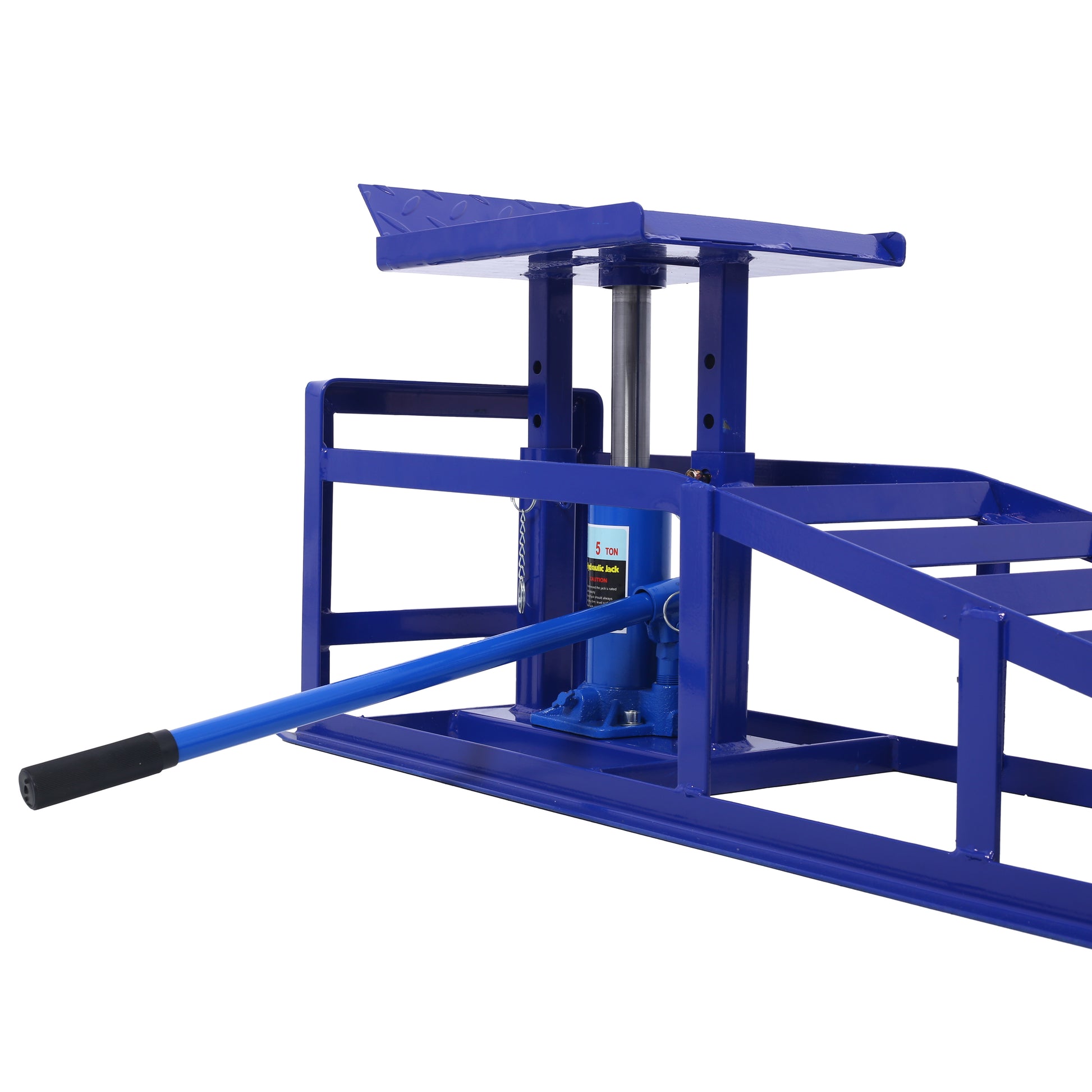Blue ton hydraulic car jack integrated into a steel ramp for vehicle lifting