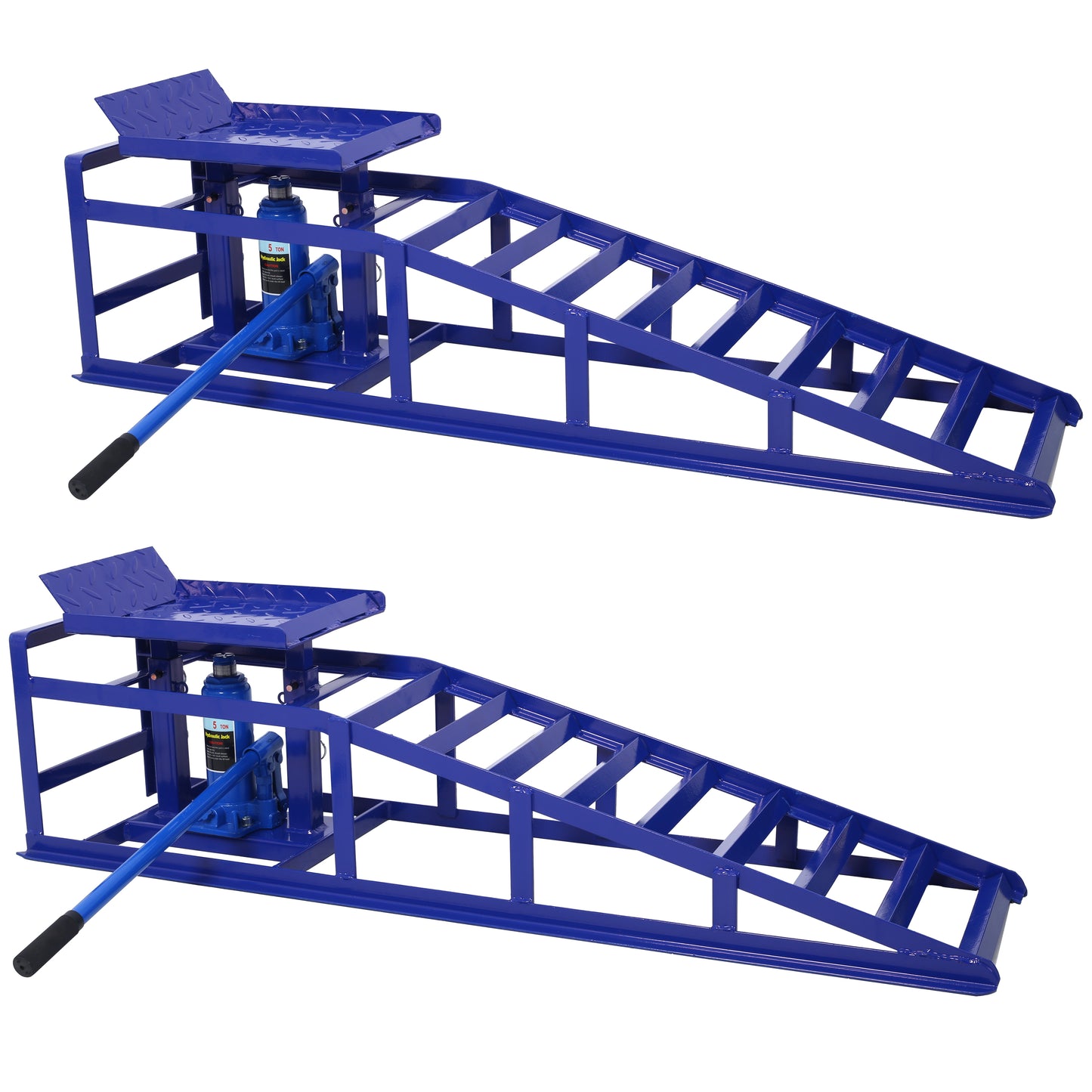 Durable blue steel car ramp with a ton hydraulic jack for easy vehicle lifting