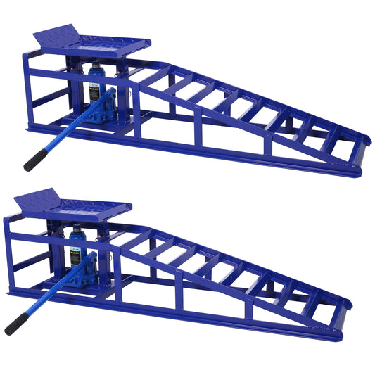 Durable blue steel car ramp with a ton hydraulic jack for easy vehicle lifting