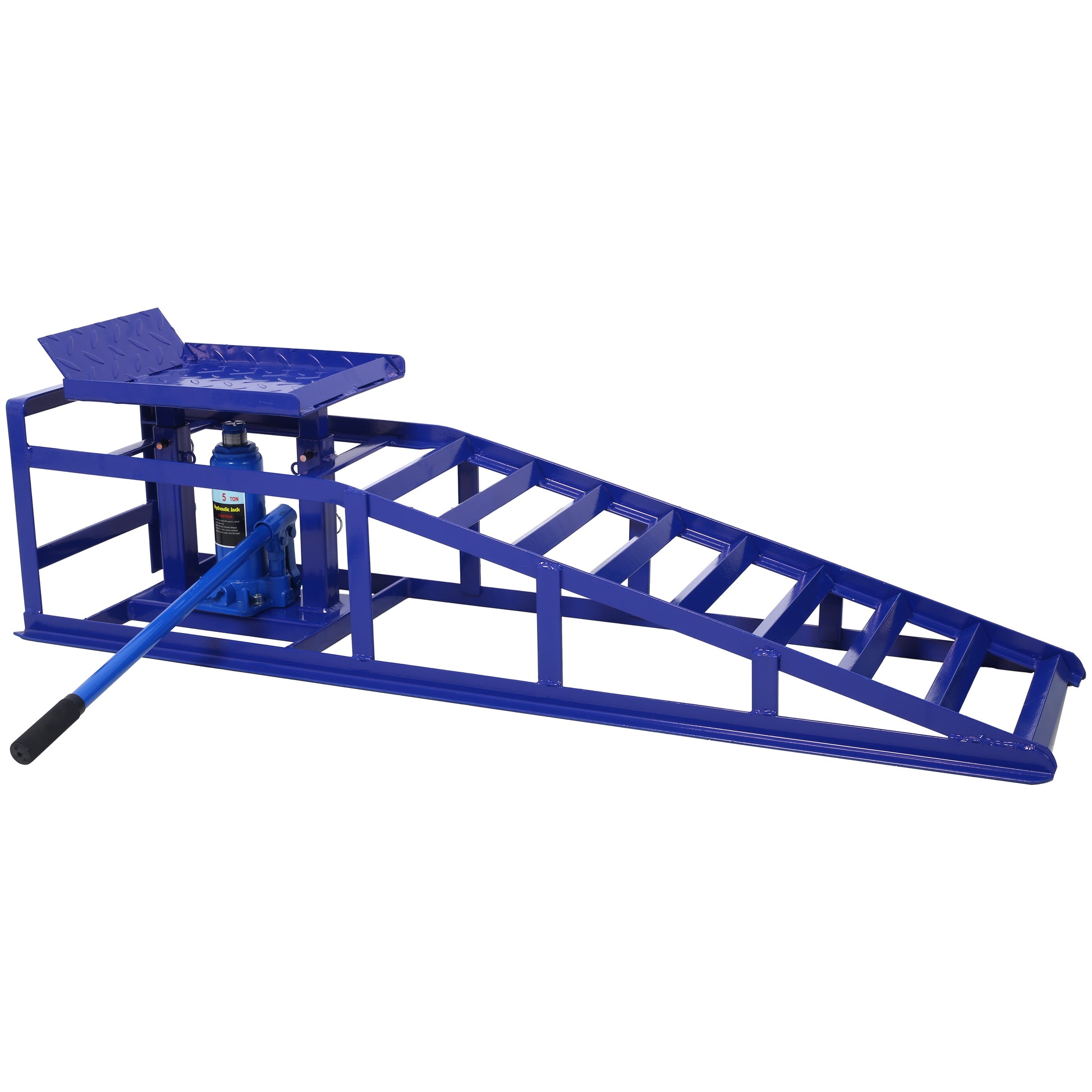 Blue hydraulic car jack ramps with diamond plate platform for vehicle maintenance