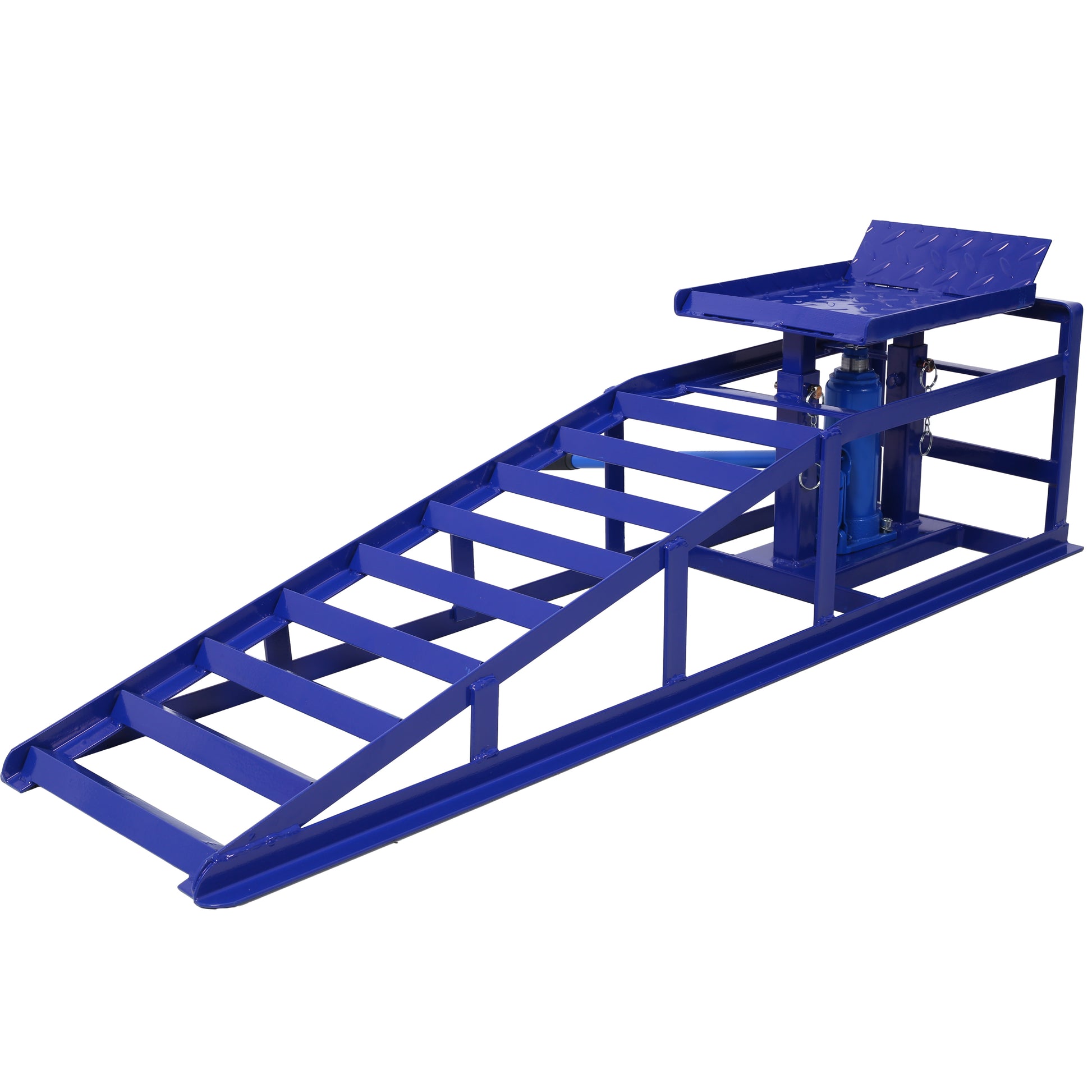 Blue hydraulic car ramp with a textured platform and steel frame for vehicle maintenance